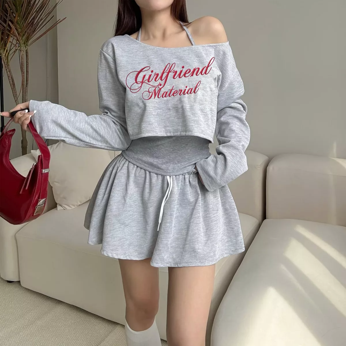 FFCLUB - ÁO LỆCH VAI TAY DÀI FROM CROP WAFFLE THÊU GIRL FRIEND & CHÂN VÁY XÒE BỒNG BỀNH