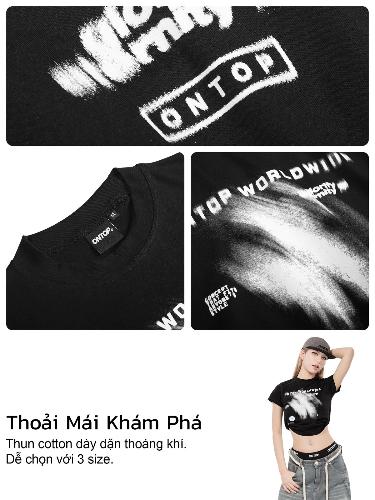 Áo baby tee màu đen in họa tiết ONTOP tay ngắn, tôn dáng vải cotton thoáng mát local brand nữ Ripple | O21-T5