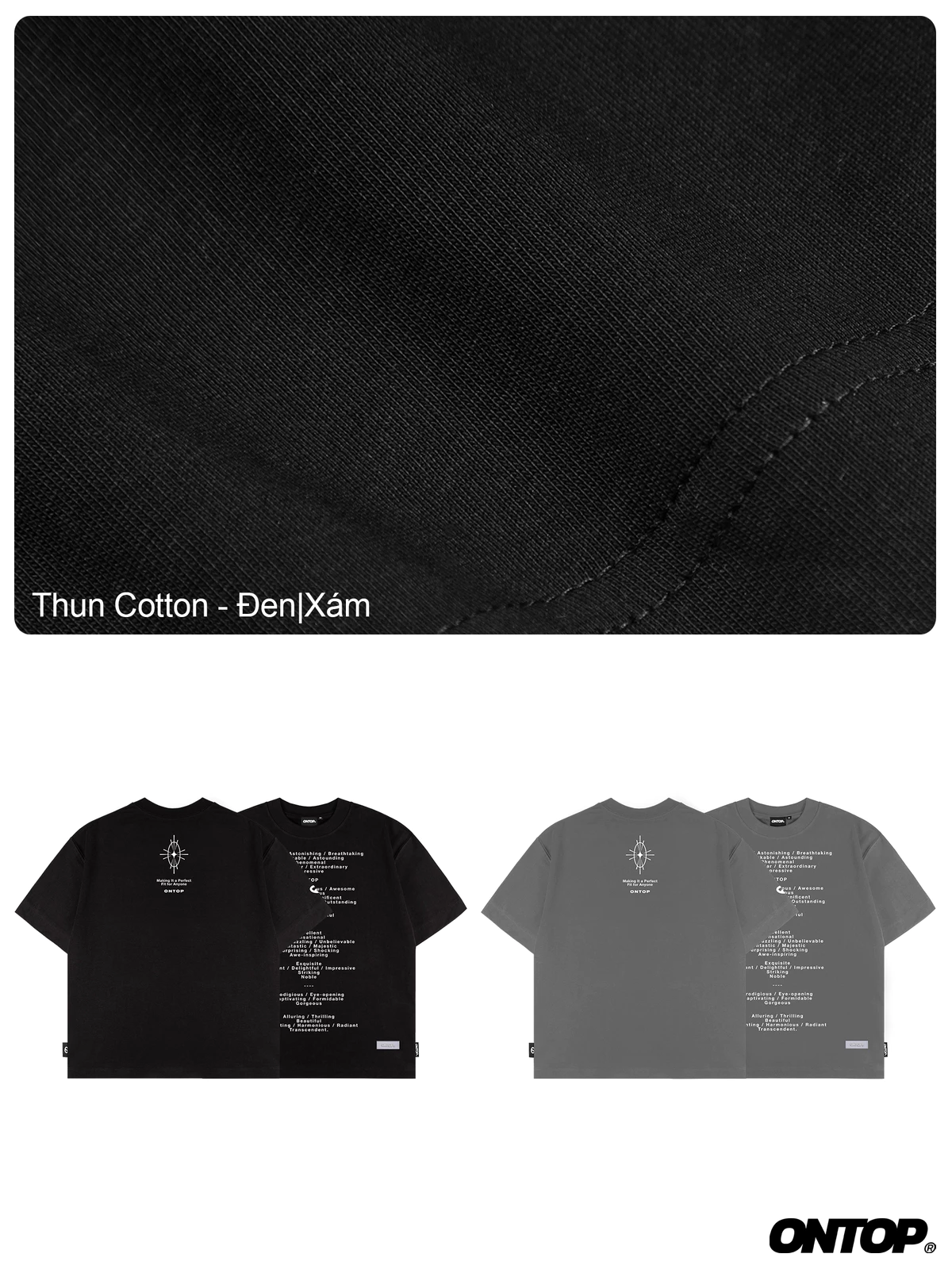 Áo thun form rộng in chữ màu đen xám ONTOP vải cotton thoáng mát local brand nam nữ Incredible | O21-T7