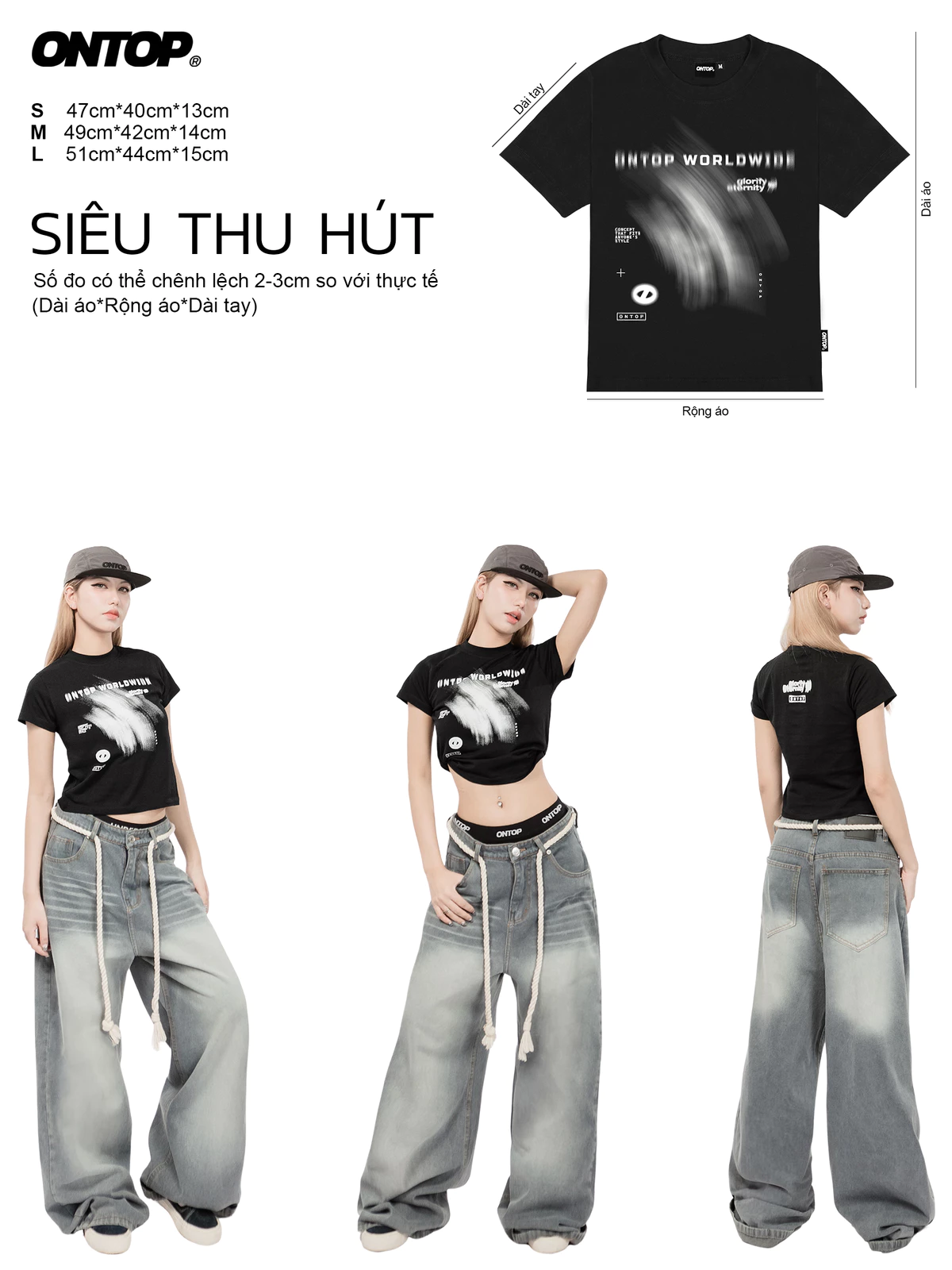 Áo baby tee màu đen in họa tiết ONTOP tay ngắn, tôn dáng vải cotton thoáng mát local brand nữ Ripple | O21-T5