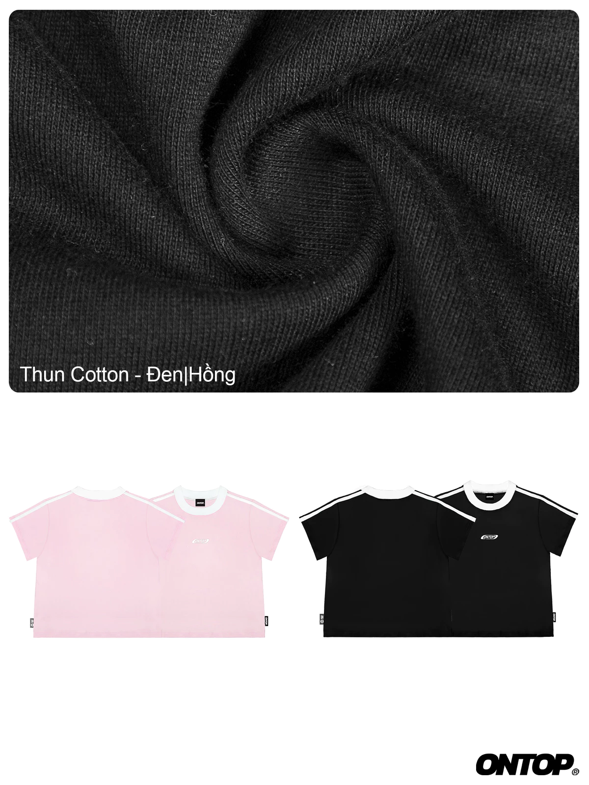 Áo baby tee sọc vai tay ngắn ONTOP vải thun cotton mềm mịn, thoáng mát màu đen, hồng local brand Stipes | O22-T2