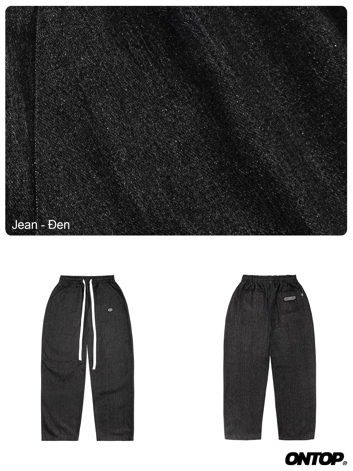 Quần jeans ống suông nam nữ ONTOP tag su dây rút bo chun màu đen local brand | O-Q2