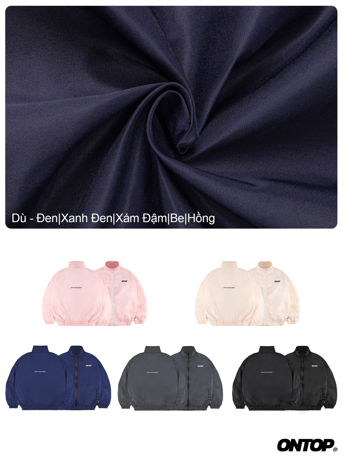 Áo khoác dù trơn nhiều màu nam nữ ONTOP cổ trụ, có túi trong, bo chun tay áo và thân áo local brand | O24-AK3