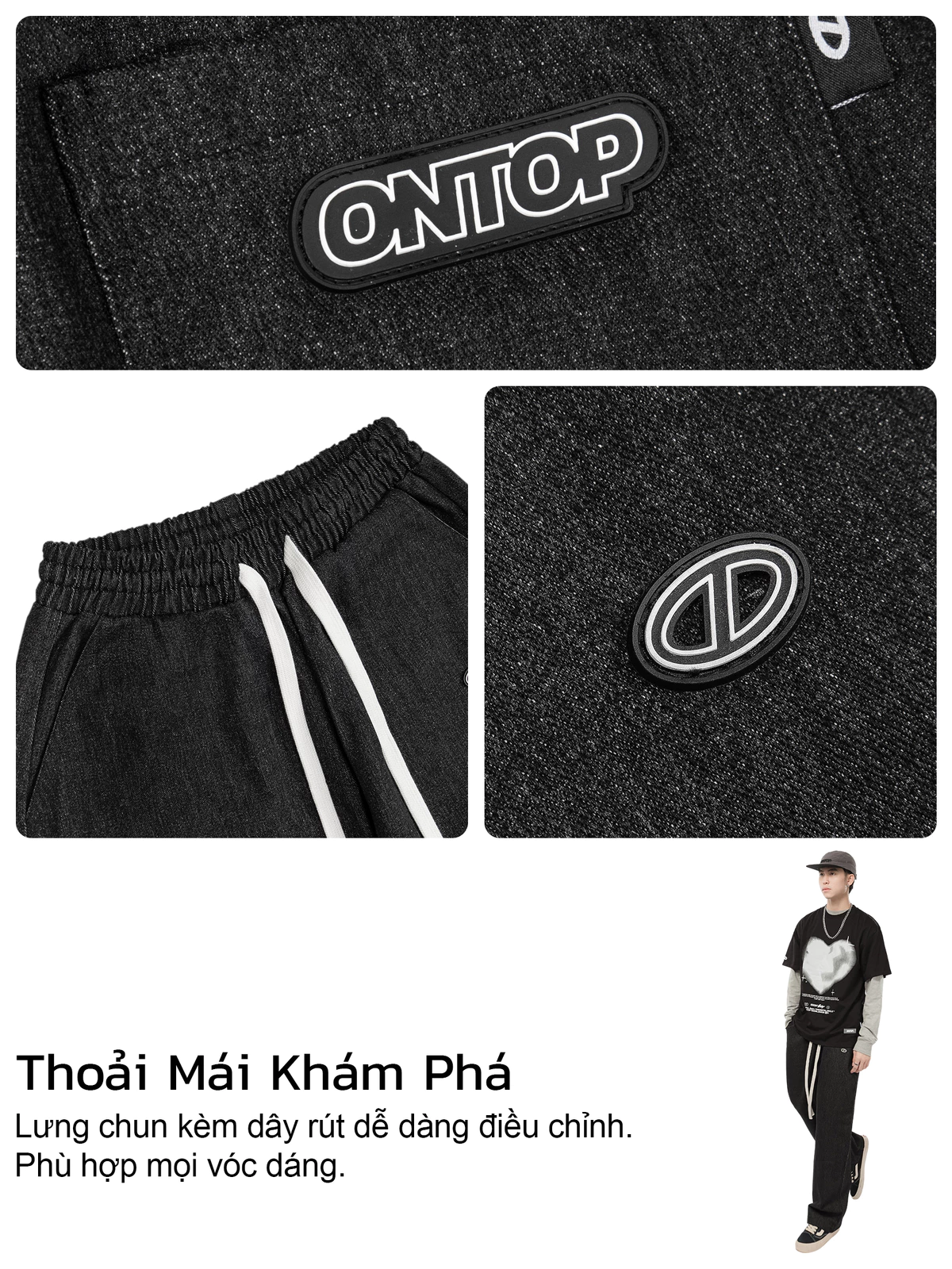 Quần jeans ống suông nam nữ ONTOP tag su dây rút bo chun màu đen local brand | O-Q2