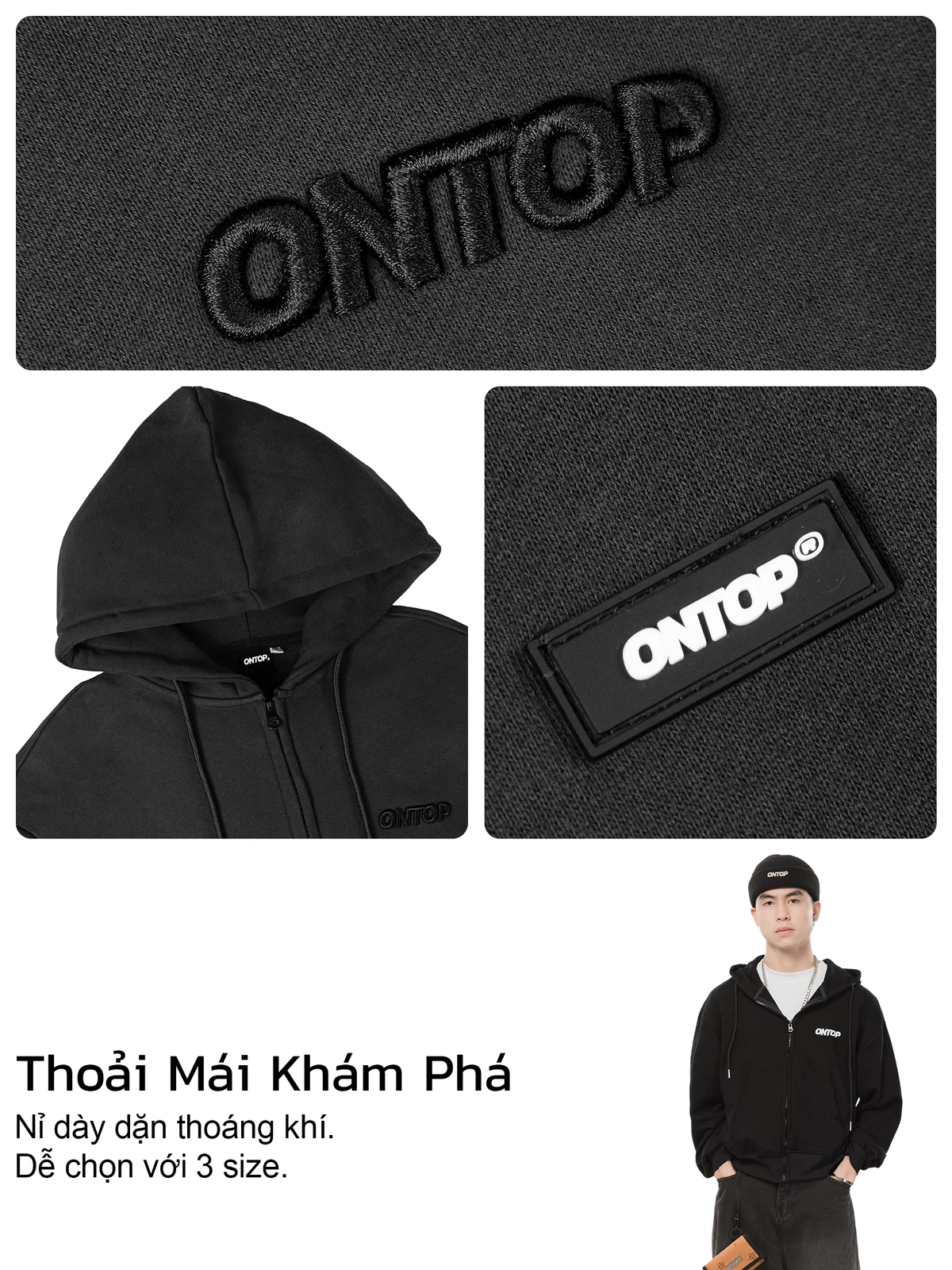Hoodie Zip Boxy trơn vải nỉ ONTOP local brand nam nữ basic màu đen, xanh và xám |O25-AK1