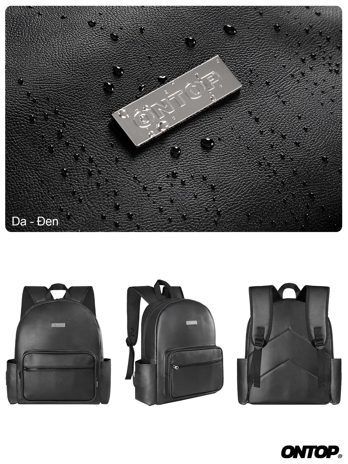Balo da đen nhiều ngăn kháng nước ONTOP đựng vừa laptop 15.6 inches local brand nam nữ Basic Leather Backpack | O-P75