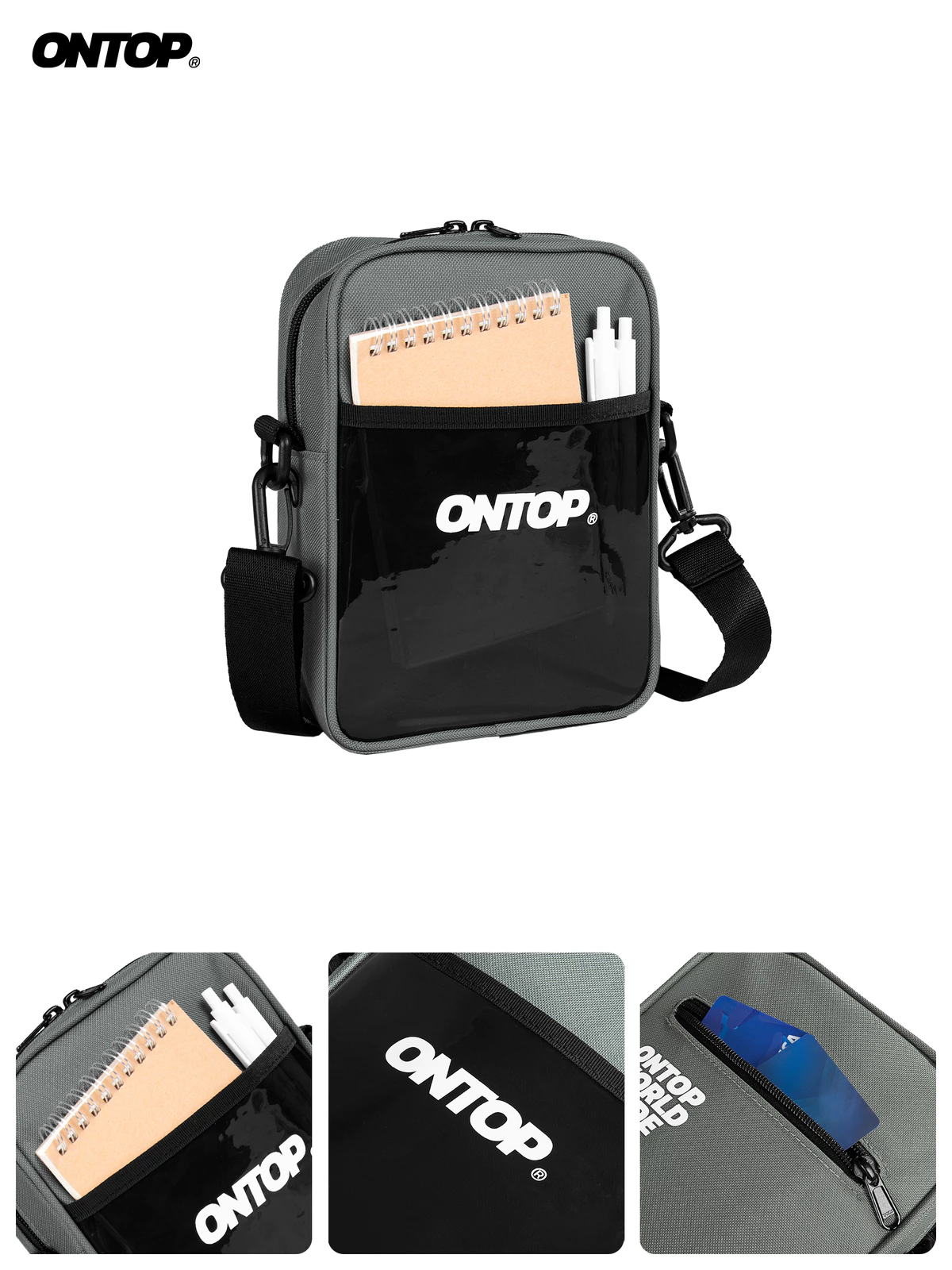 Túi đeo chéo canvas nhỏ nhiều ngăn ONTOP phối nhựa trong suốt màu đen, xám local brand nam nữ Worldwide Pocket| O-B023
