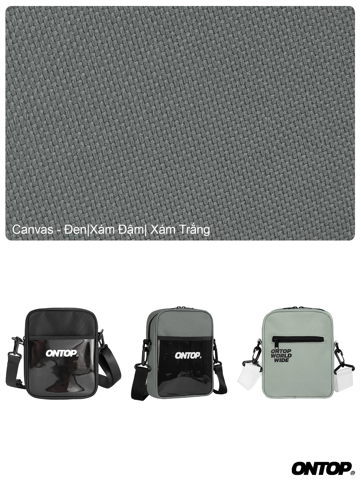 Túi đeo chéo canvas nhỏ nhiều ngăn ONTOP phối nhựa trong suốt màu đen, xám local brand nam nữ Worldwide Pocket| O-B023