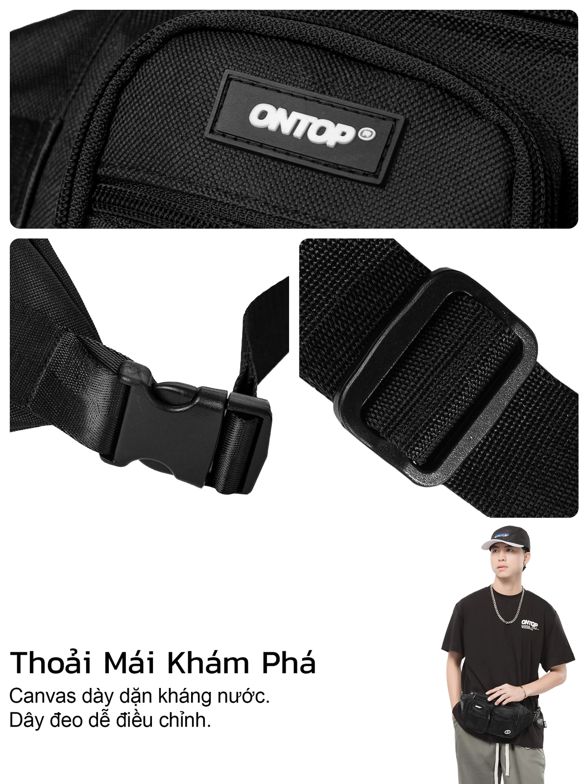 Túi bao tử đeo bụng vải canvas ONTOP màu đen phối lưới nhiều ngăn local brand nam nữ Mesh Bumbag | O-B64