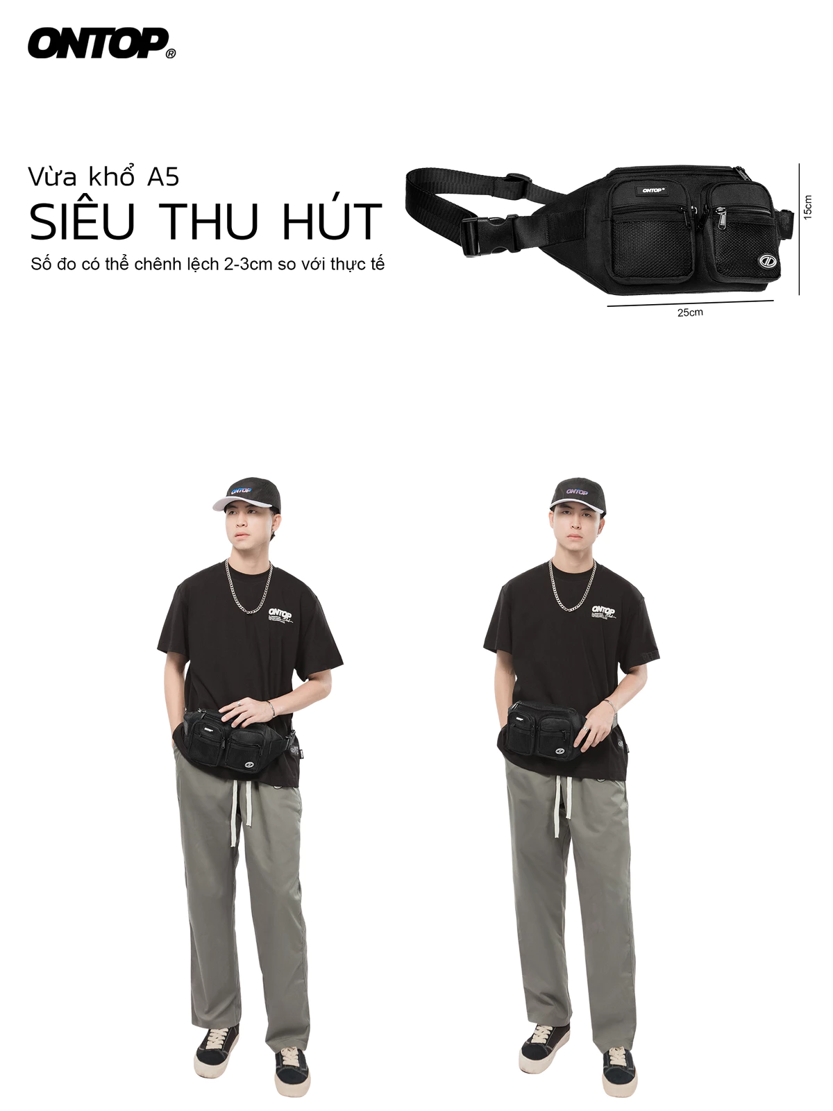 Túi bao tử đeo bụng vải canvas ONTOP màu đen phối lưới nhiều ngăn local brand nam nữ Mesh Bumbag | O-B64