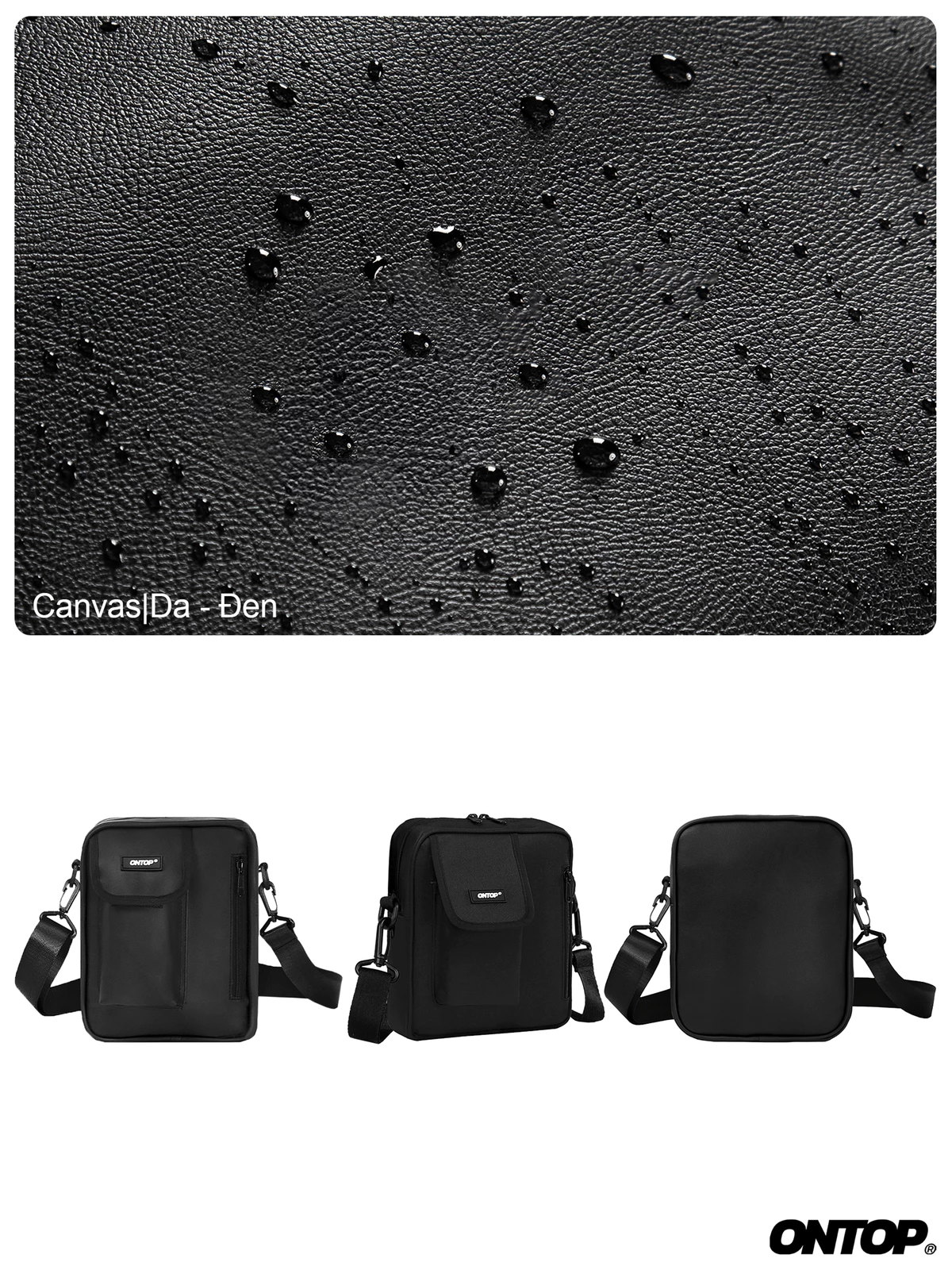 Túi đeo chéo đen nhiều ngăn nam nữ ONTOP vải canvas và da kháng nước đựng vừa khổ A5 local brand |O-B43 & O-B45