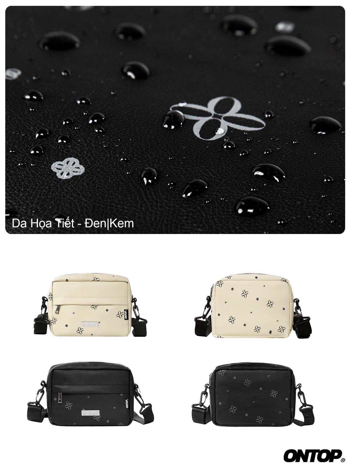 Túi đeo chéo họa tiết da chống nước ONTOP nam nữ màu đen, kem đựng vừa khổ A5 local brand Shoulder Bag Level 2.0 | O-B41