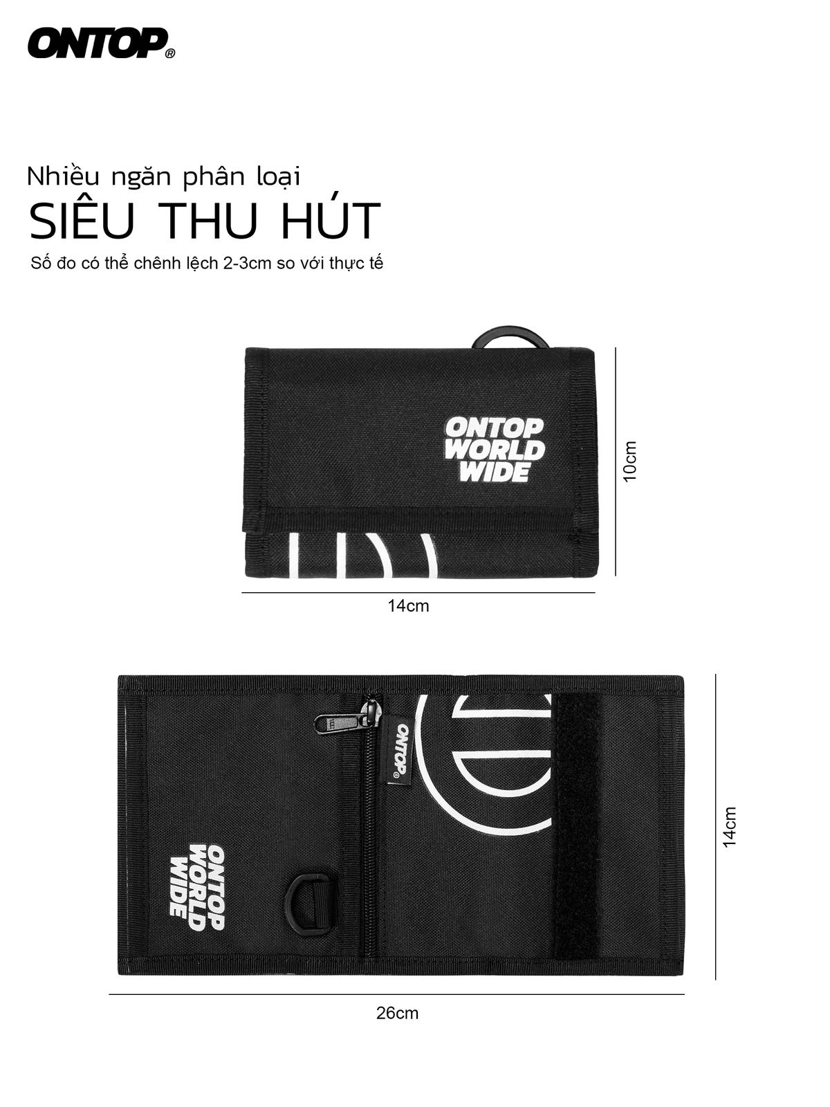 Ví vải canvas nam nữ màu đen ONTOP nắp gập tặng kèm keychain local brand Worldwide Wallet l O-V022
