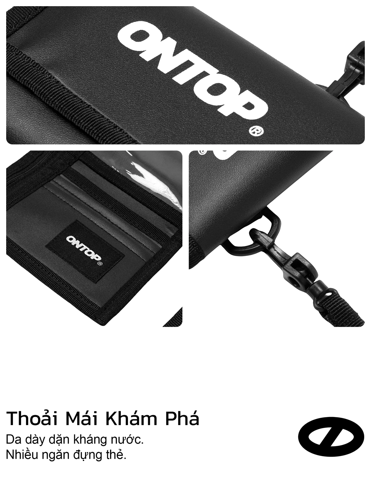 Ví da local brand màu đen ONTOP gập 3 nhiều ngăn nam nữ tặng kèm keychain New Logo | O-V21-DDA