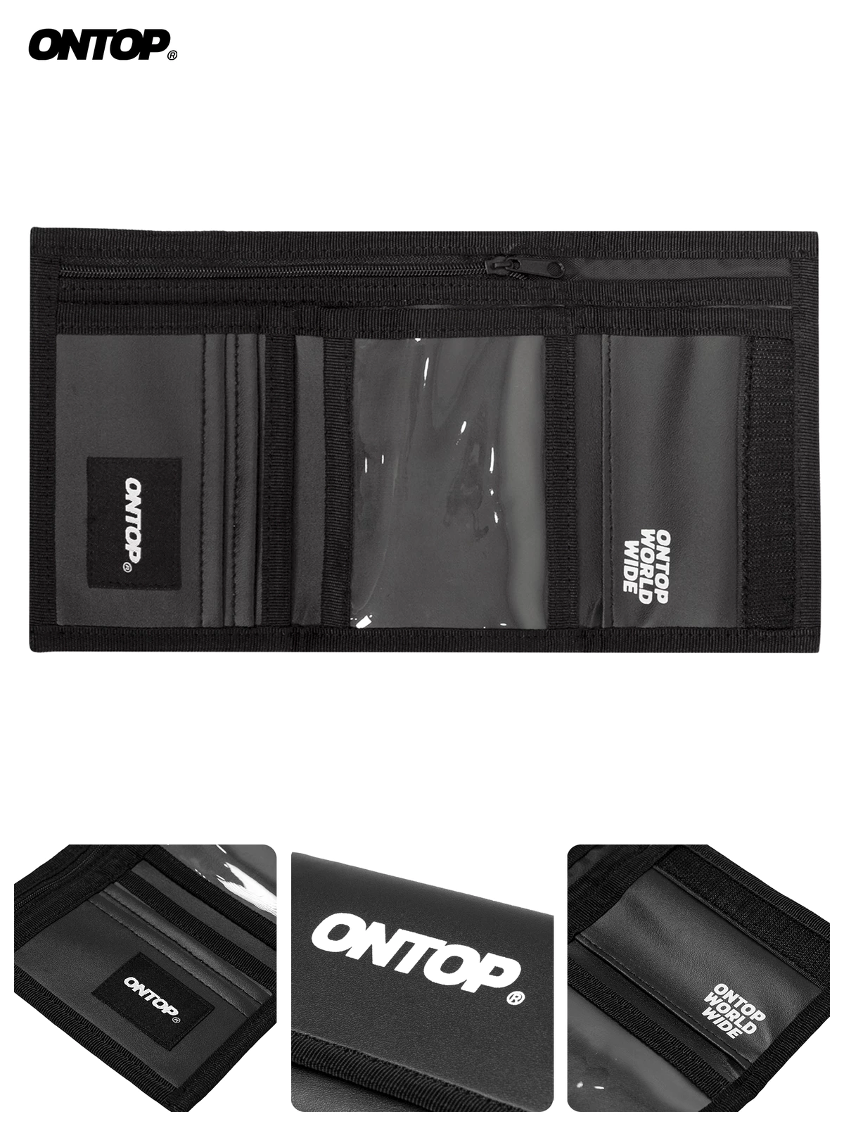 Ví da local brand màu đen ONTOP gập 3 nhiều ngăn nam nữ tặng kèm keychain New Logo | O-V21-DDA
