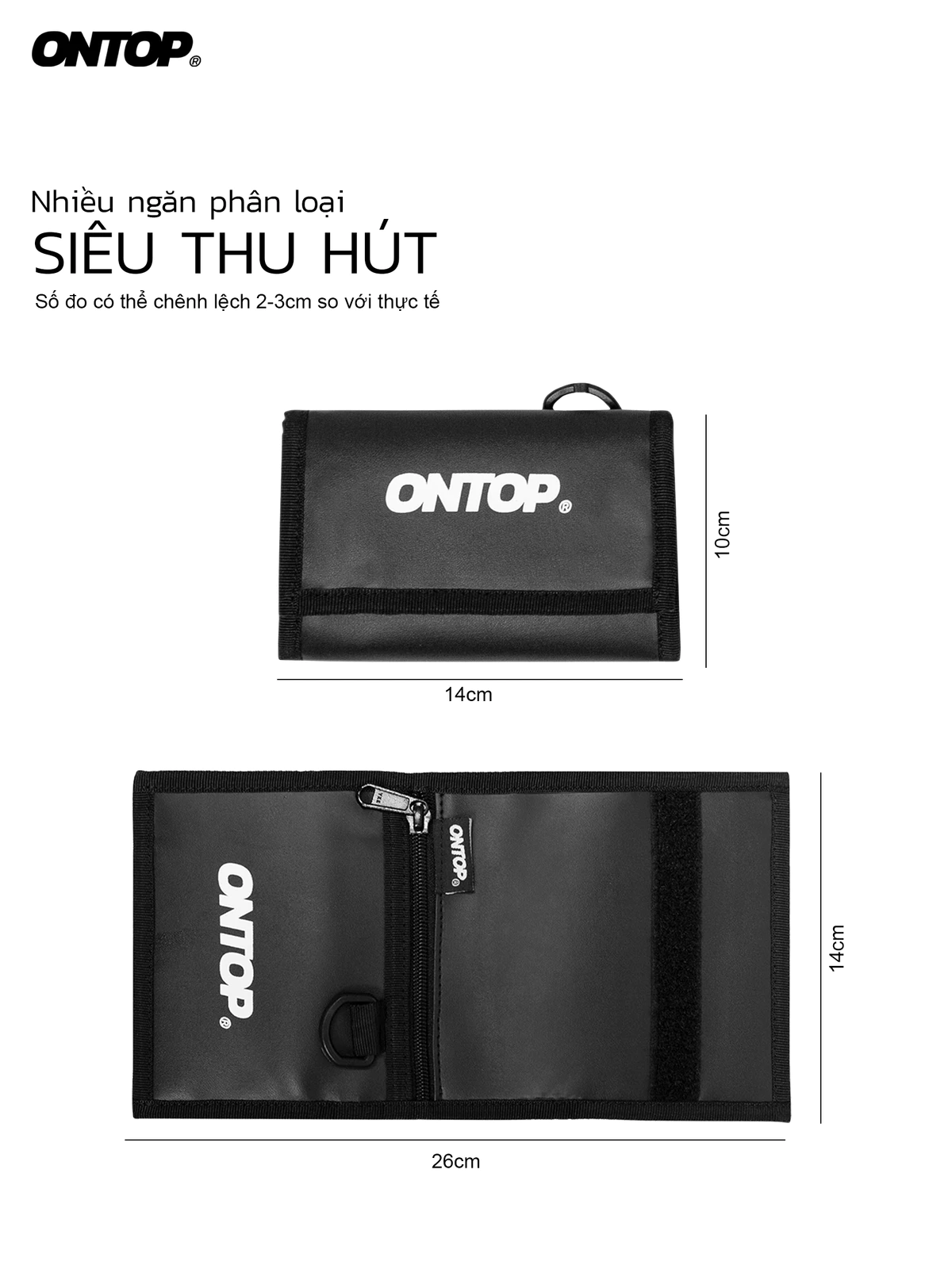 Ví da local brand màu đen ONTOP gập 3 nhiều ngăn nam nữ tặng kèm keychain New Logo | O-V21-DDA