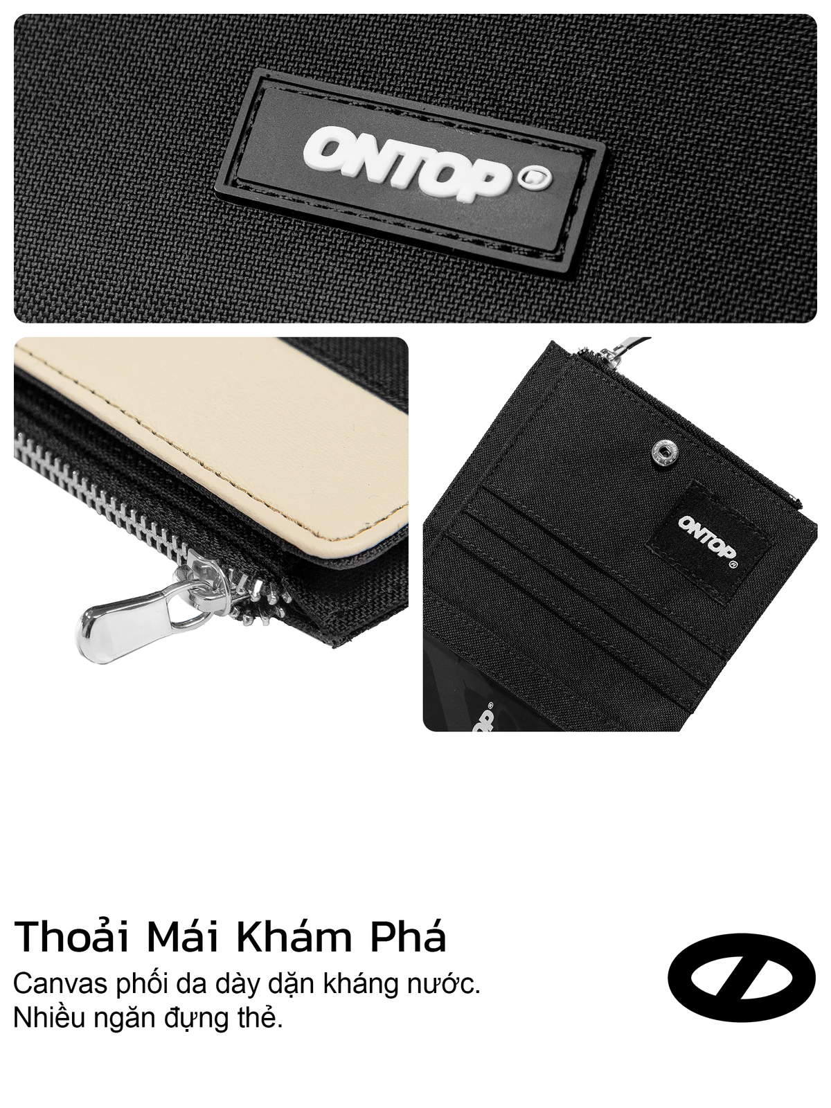 Ví canvas phối da local brand ONTOP nam nữ nhiều ngăn màu đen, kem Bi-Fold Bastille Wallet with Zip | O-V49