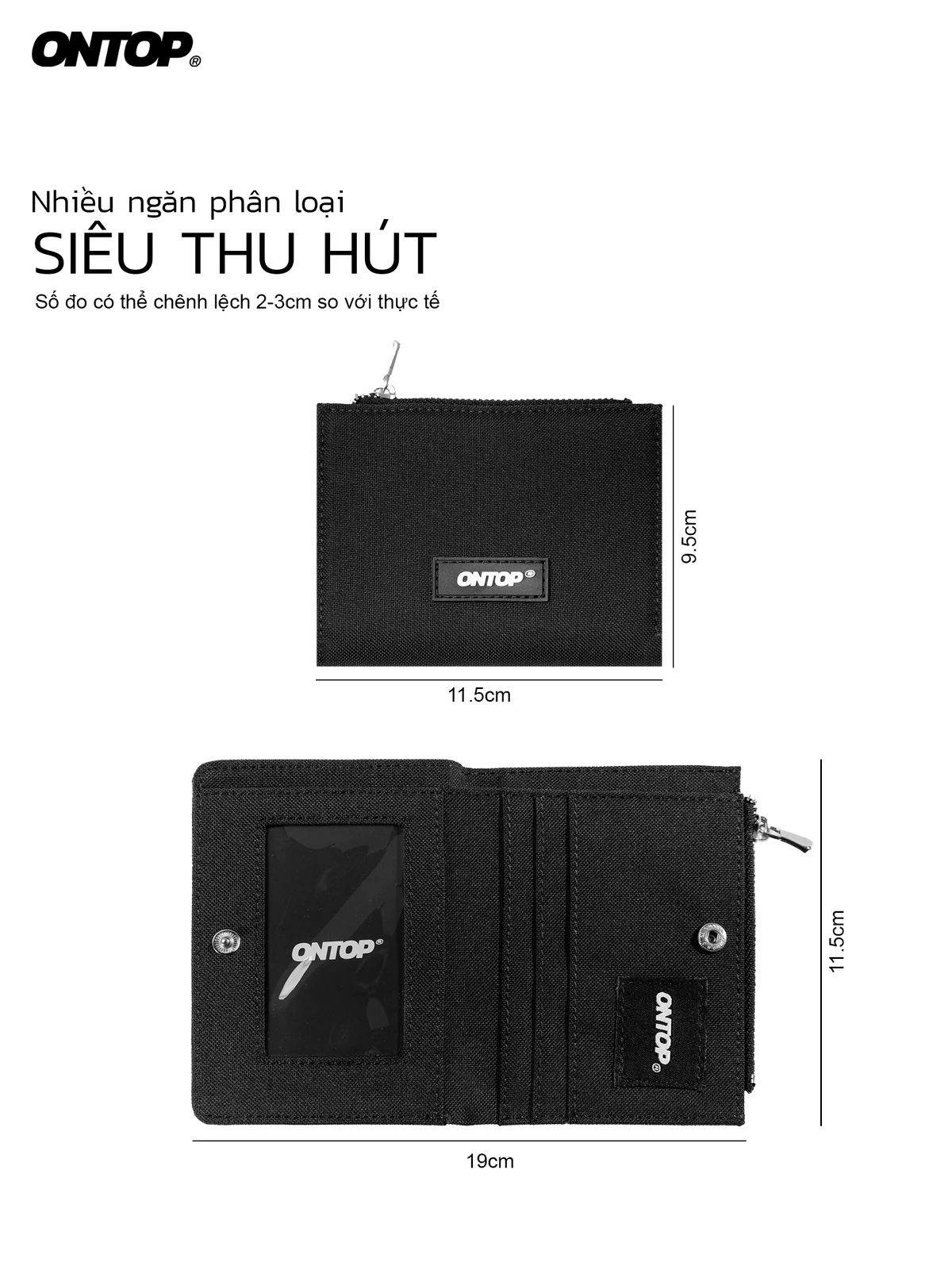 Ví canvas phối da local brand ONTOP nam nữ nhiều ngăn màu đen, kem Bi-Fold Bastille Wallet with Zip | O-V49