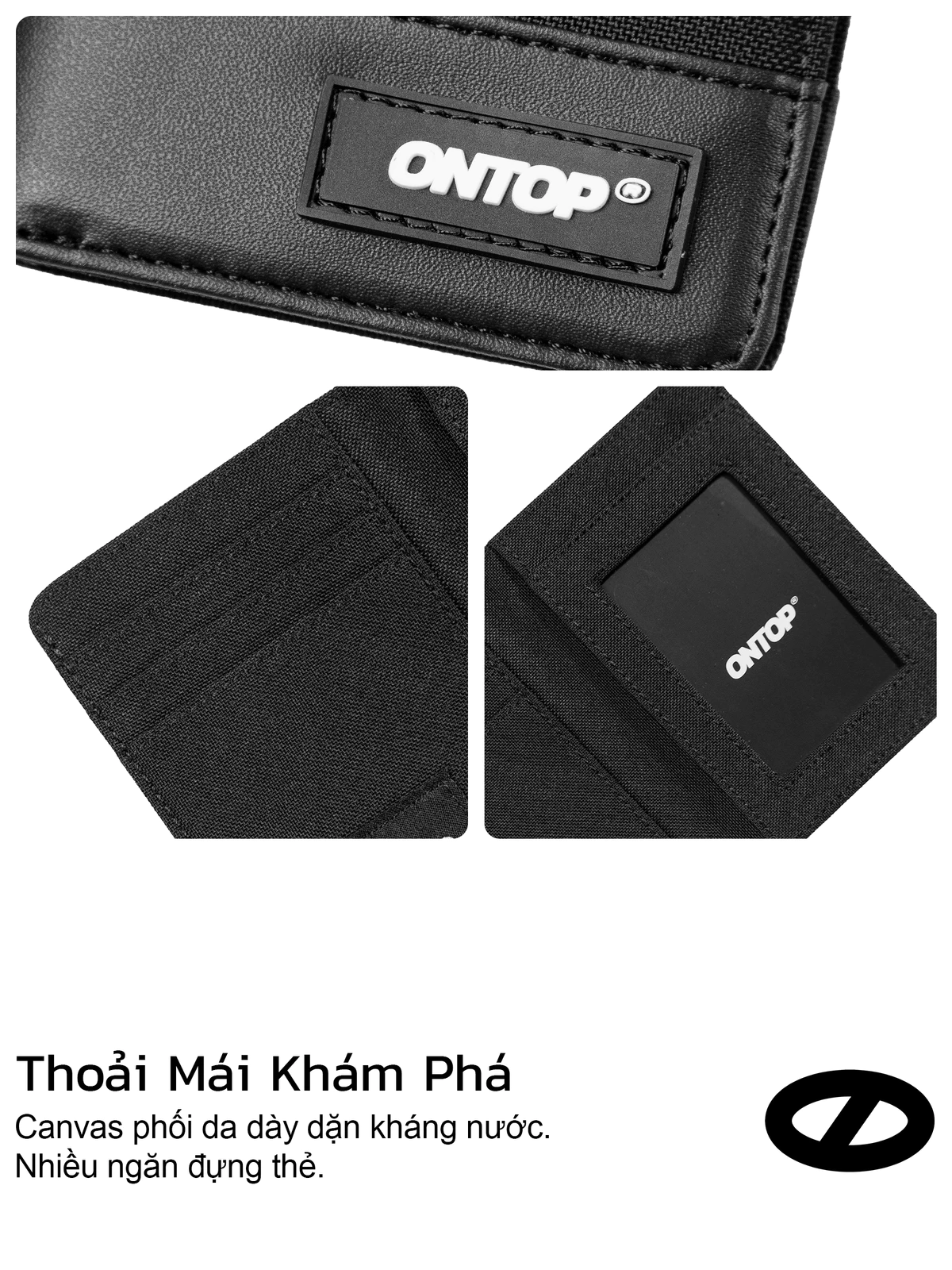 Ví gập đôi vải canvas phối da ONTOP nam nữ nhiều ngăn nhỏ gọn màu đen Bi-Fold Wallet |O-V47 & O-V48