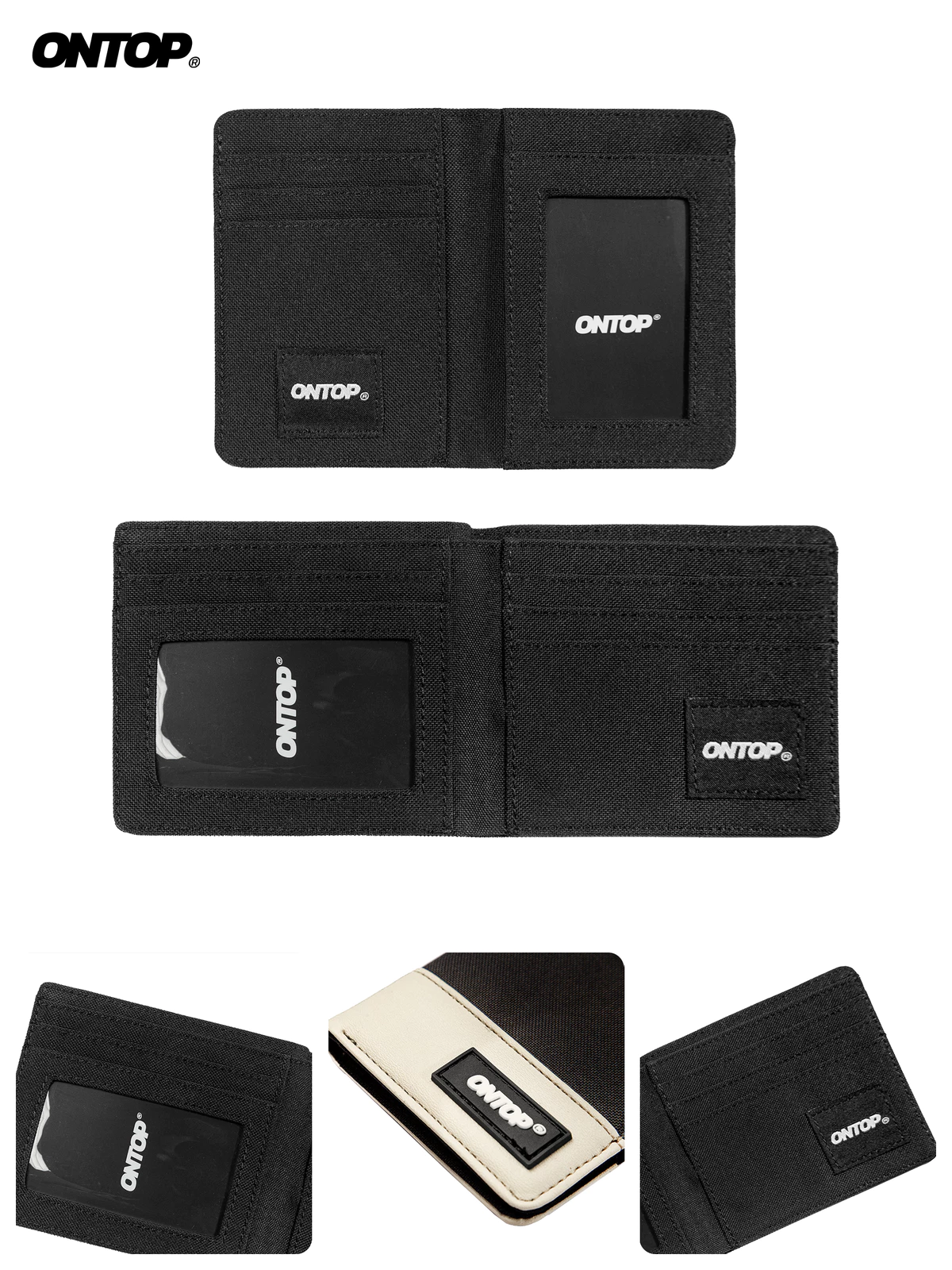 Ví gập đôi vải canvas phối da ONTOP nam nữ nhiều ngăn nhỏ gọn màu đen Bi-Fold Wallet |O-V47 & O-V48