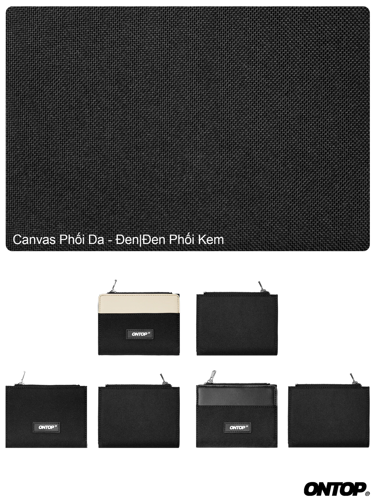 Ví canvas phối da local brand ONTOP nam nữ nhiều ngăn màu đen, kem Bi-Fold Bastille Wallet with Zip | O-V49