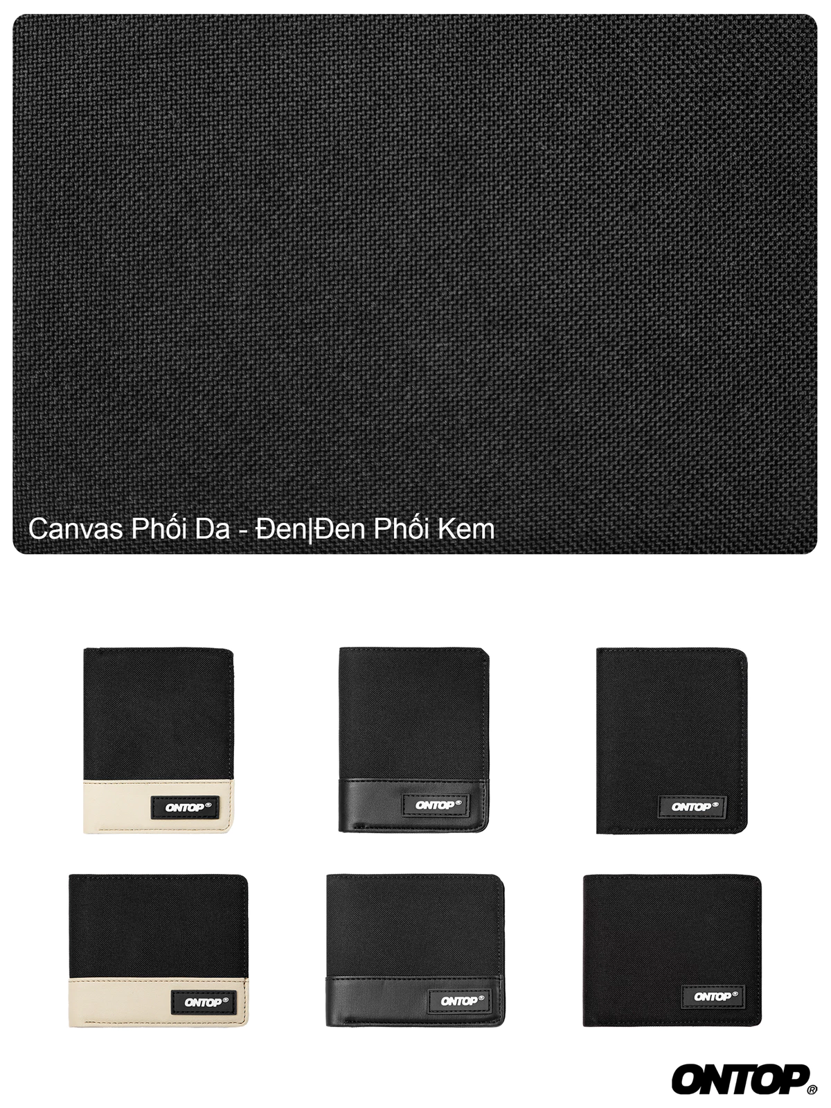 Ví gập đôi vải canvas phối da ONTOP nam nữ nhiều ngăn nhỏ gọn màu đen Bi-Fold Wallet |O-V47 & O-V48
