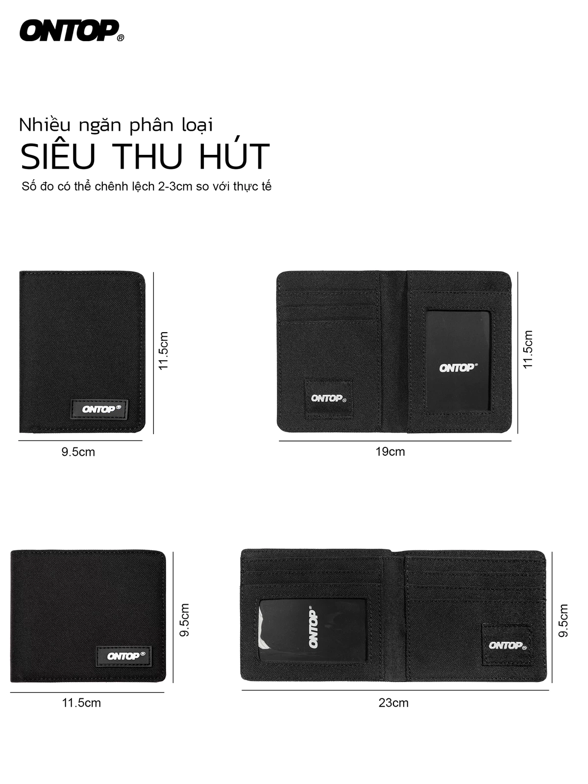 Ví gập đôi vải canvas phối da ONTOP nam nữ nhiều ngăn nhỏ gọn màu đen Bi-Fold Wallet |O-V47 & O-V48