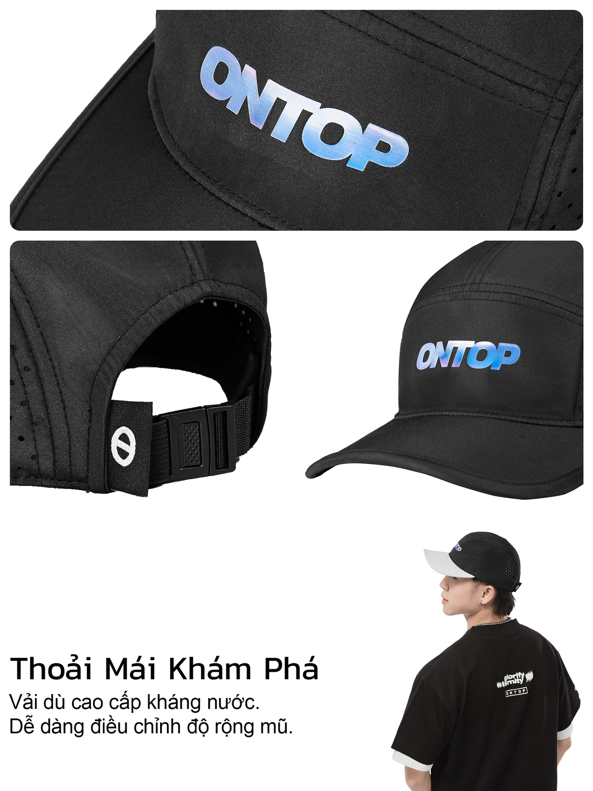 Mũ snapback basic local brand ONTOP có khóa điều chỉnh vòng đầu, lưỡi trai cho nam nữ màu đen, đen phối trắng | O-C2