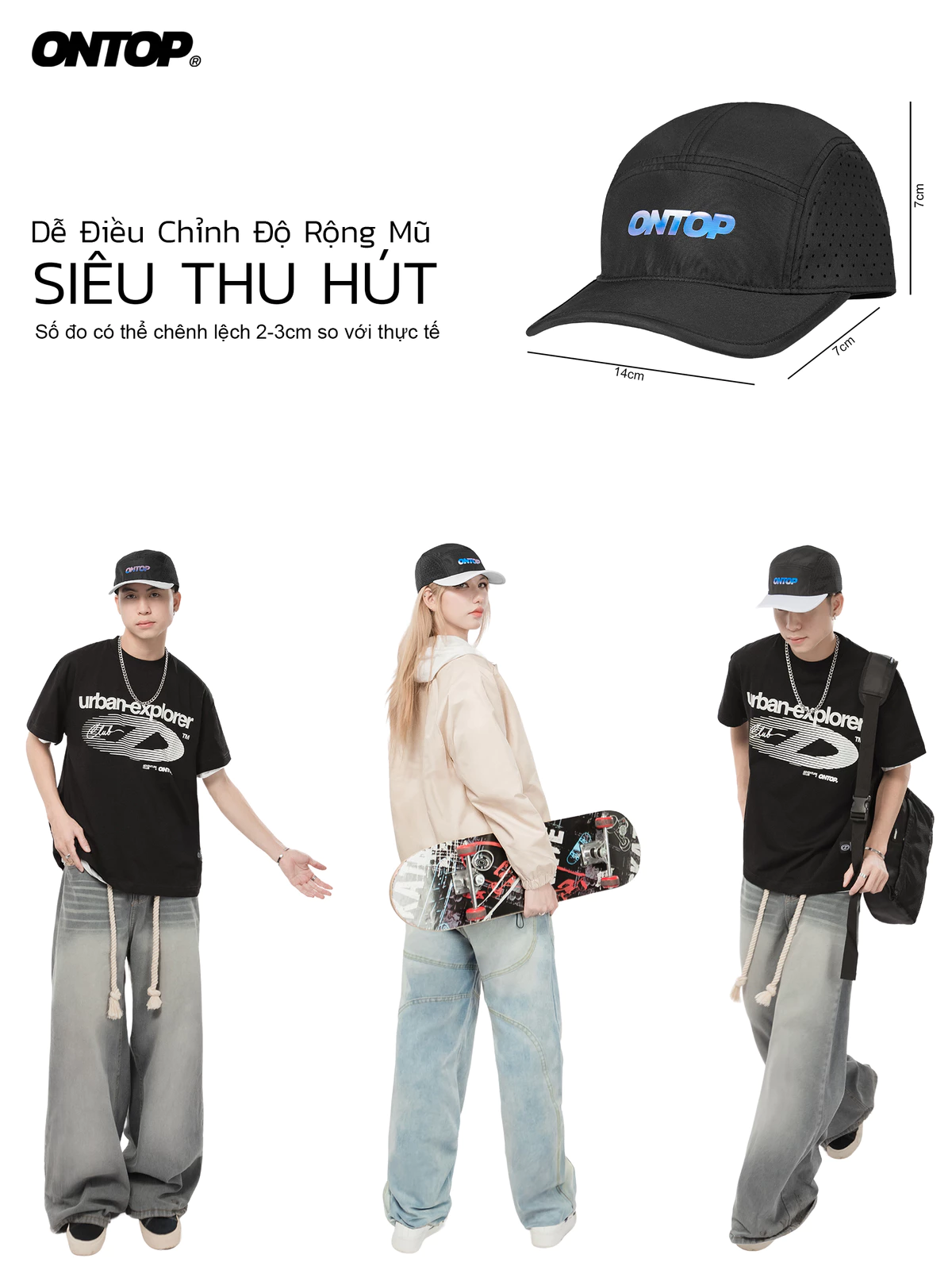 Mũ snapback basic local brand ONTOP có khóa điều chỉnh vòng đầu, lưỡi trai cho nam nữ màu đen, đen phối trắng | O-C2