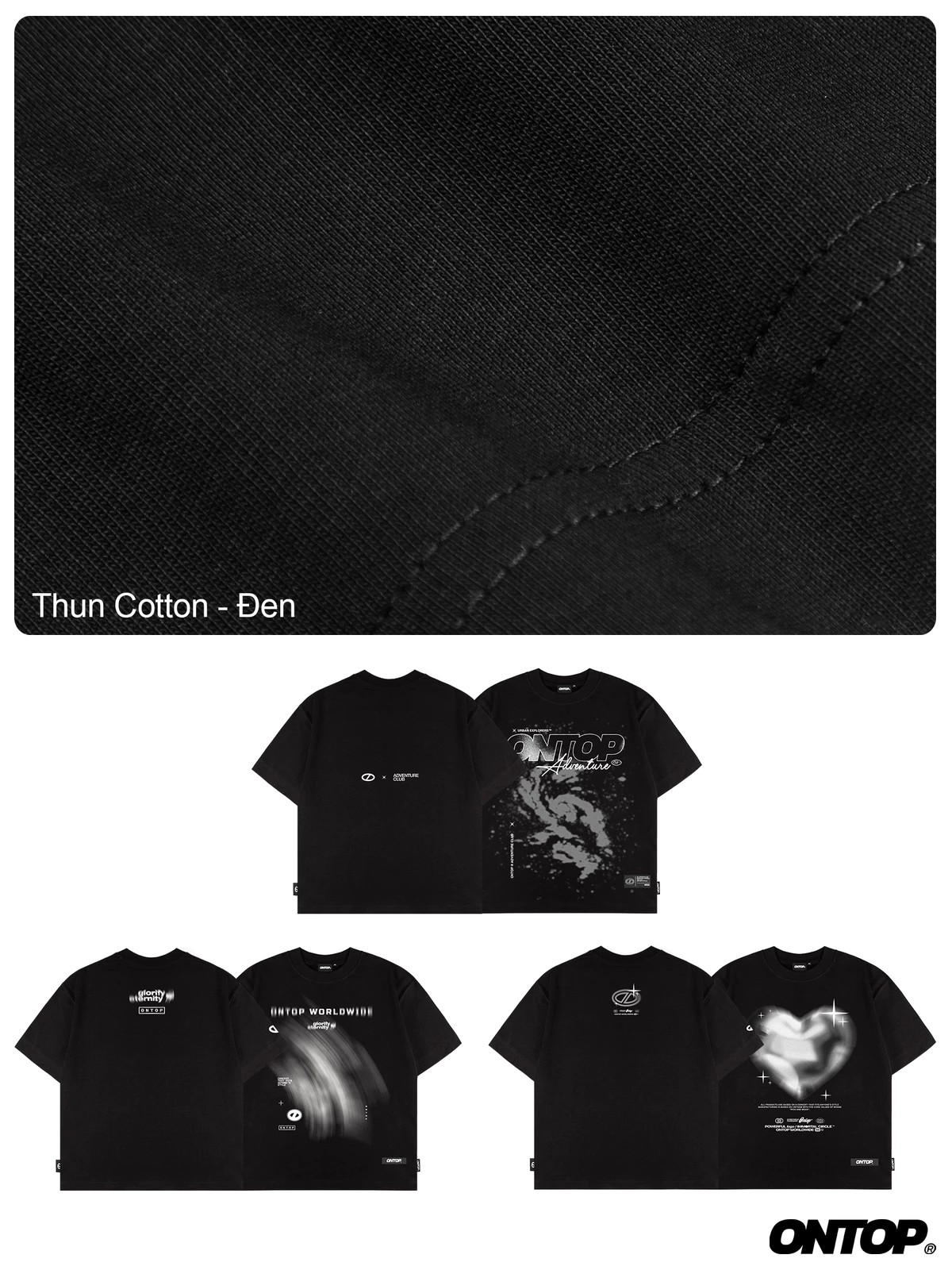 Áo thun đen in hình to local brand ONTOP Ripple nam nữ, vải cotton tháng mát |O21-T8_O21-T9_O-T10