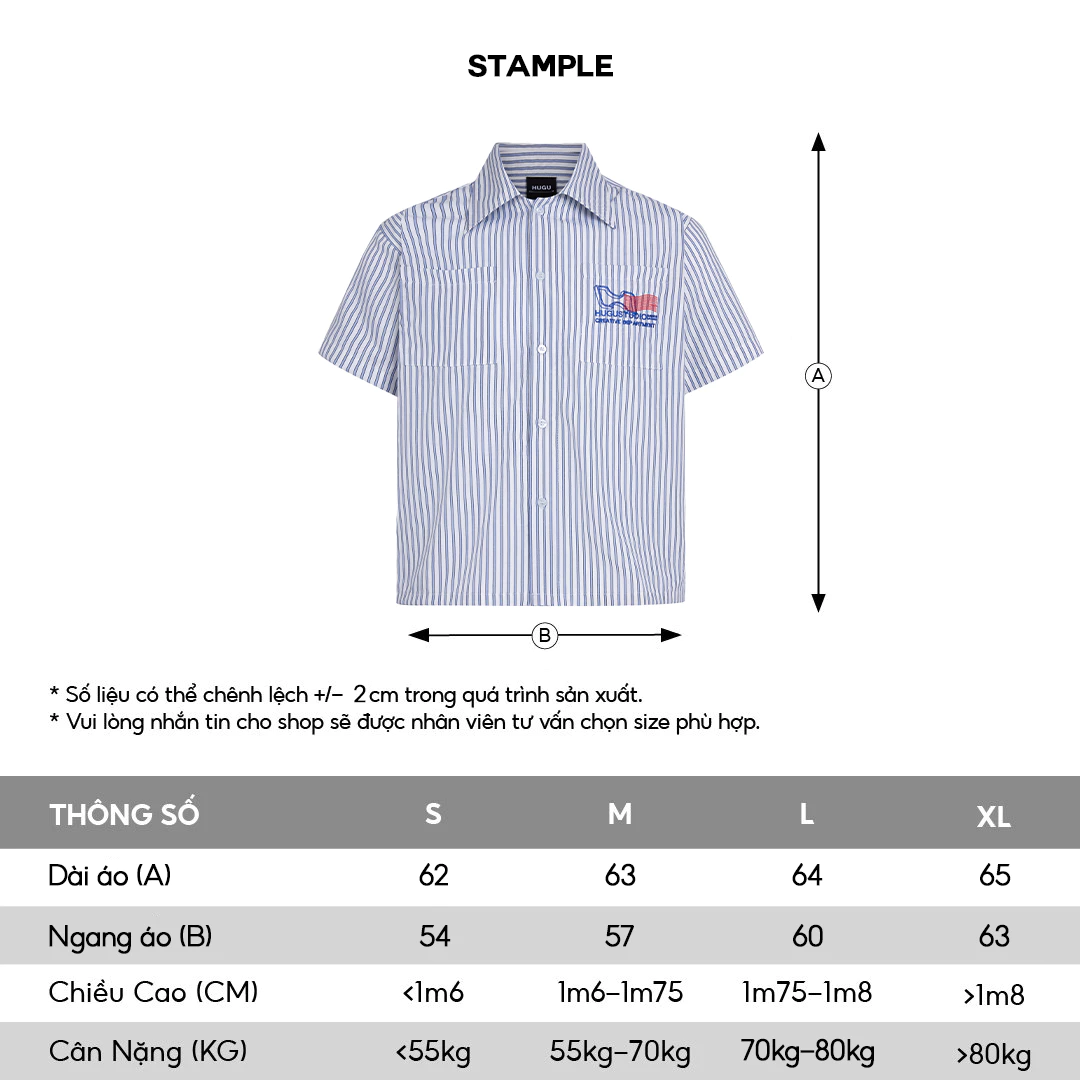 Áo sơ mi kate tay ngắn sọc xanh, form boxy thêu logo local brand HUGU - STAMPLE SHIRT