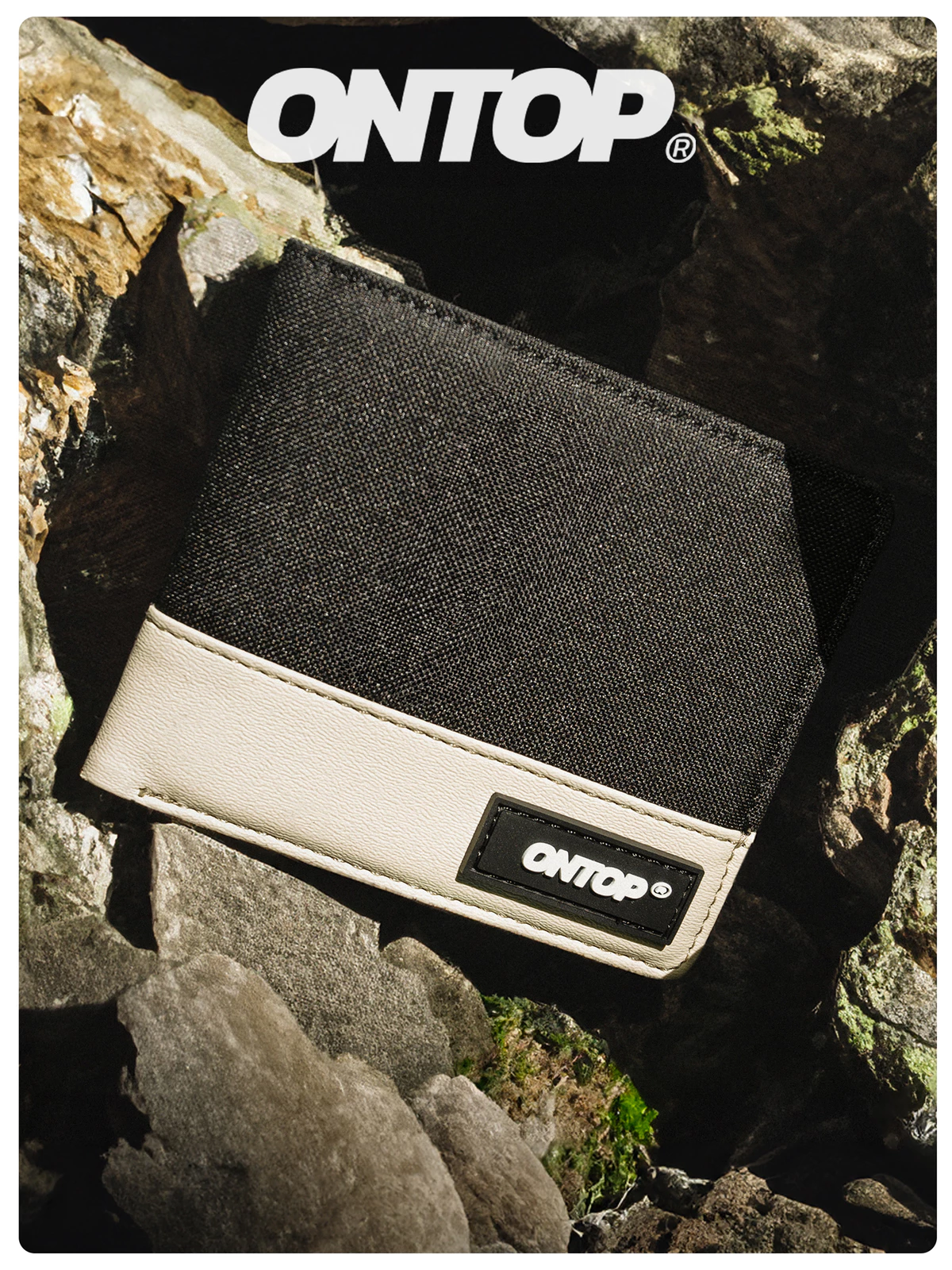 Ví gập đôi vải canvas phối da ONTOP nam nữ nhiều ngăn nhỏ gọn màu đen Bi-Fold Wallet |O-V47 & O-V48