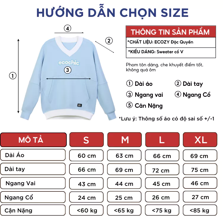 Áo Sweater Cổ Tim ECOCHIC V-NECK SWEATSHIRT Chất Liệu Cao Cấp Chính Hãng Nhiều Màu B085