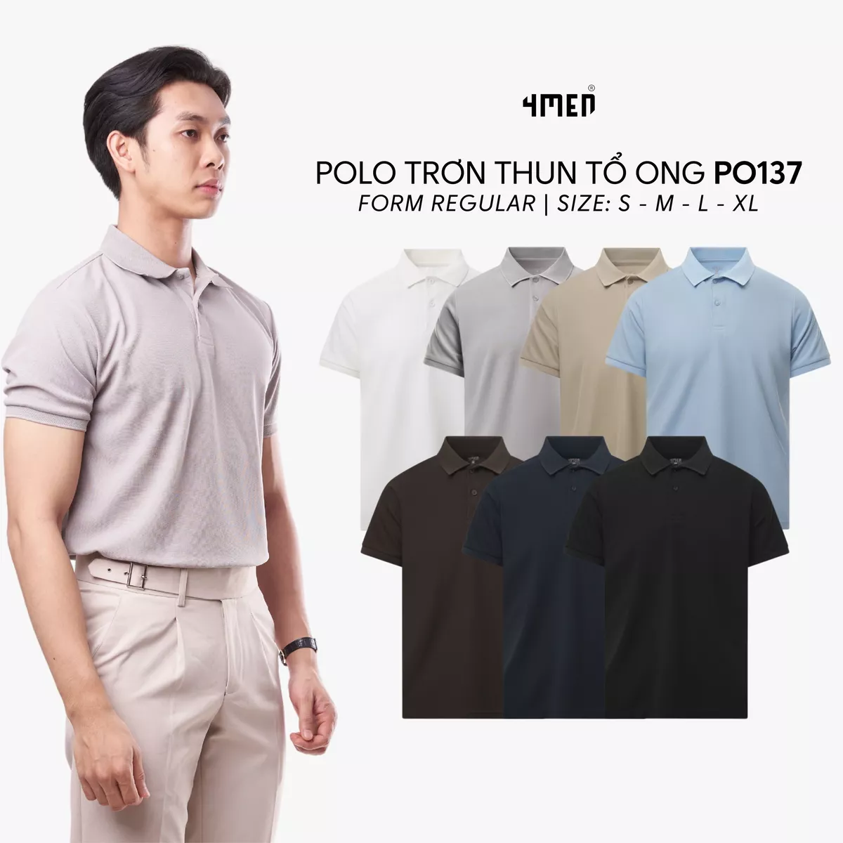 Áo polo nam trơn basic 4MEN PO137 vải tổ ong thấm hút mồ hôi, thoáng mát, mềm chống nhăn, co giãn