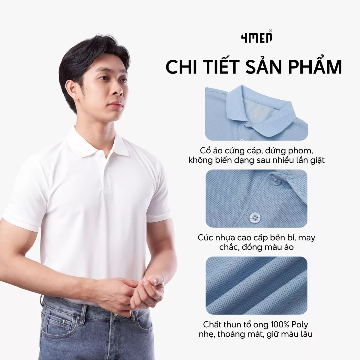 Áo polo nam trơn basic 4MEN PO137 vải tổ ong thấm hút mồ hôi, thoáng mát, mềm chống nhăn, co giãn