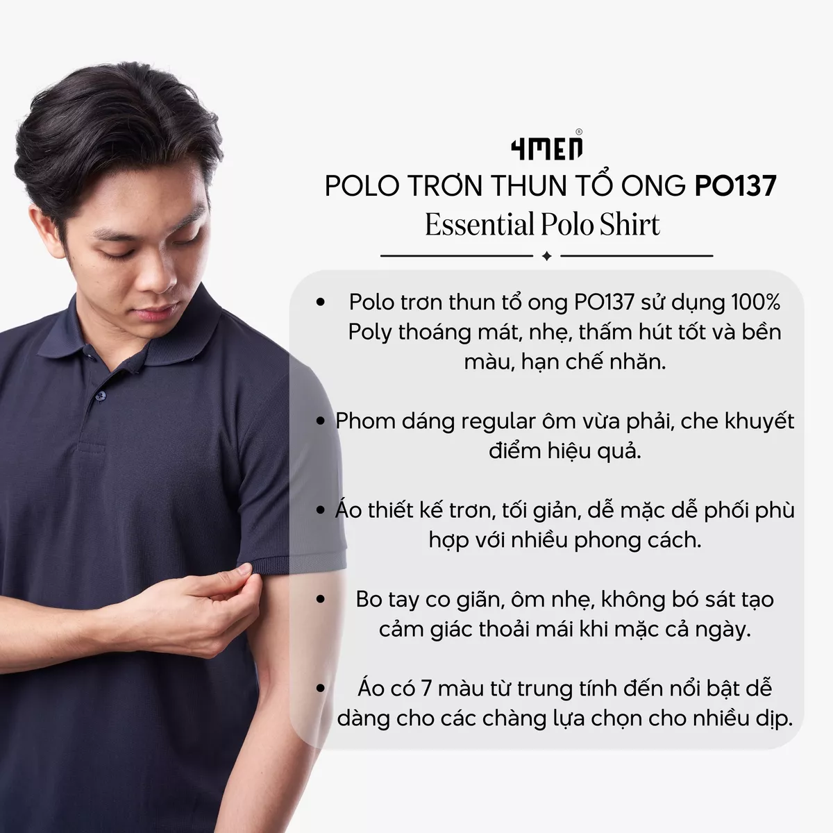 Áo polo nam trơn basic 4MEN PO137 vải tổ ong thấm hút mồ hôi, thoáng mát, mềm chống nhăn, co giãn
