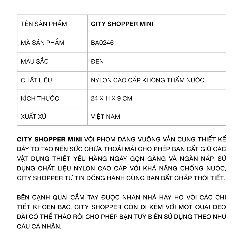 Túi Xách Floralpunk City Shopper Mini - Black - Nylon Cao Cấp, Quai Da PU - Đeo Chéo/Xách Tay Thời Trang