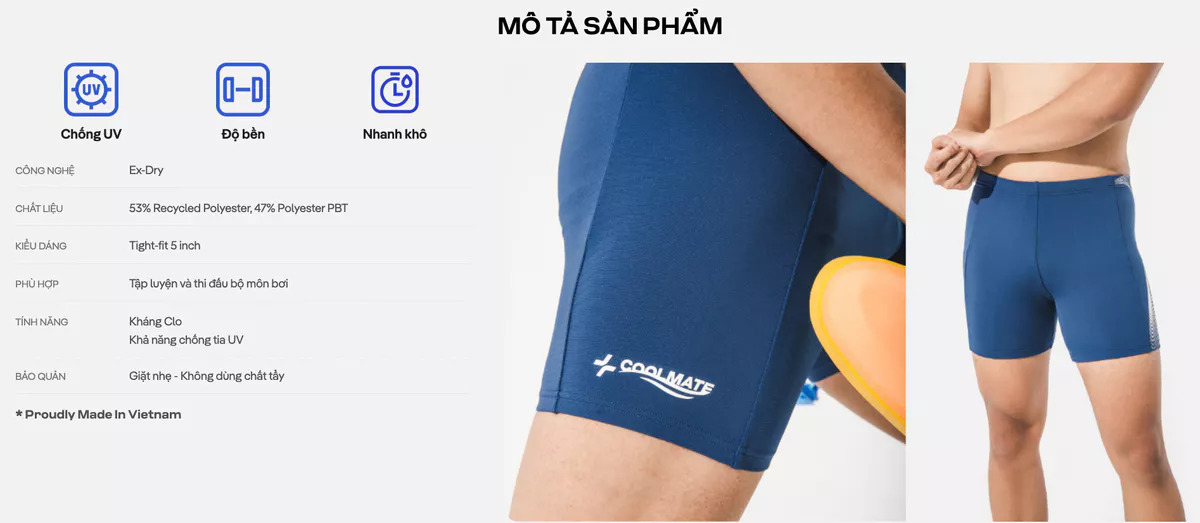 Quần Bơi nam Aqua Short 5 inch chống bám nước bền màu, chống UV, đồ đi biển, đồ bơi thể thao Coolmate