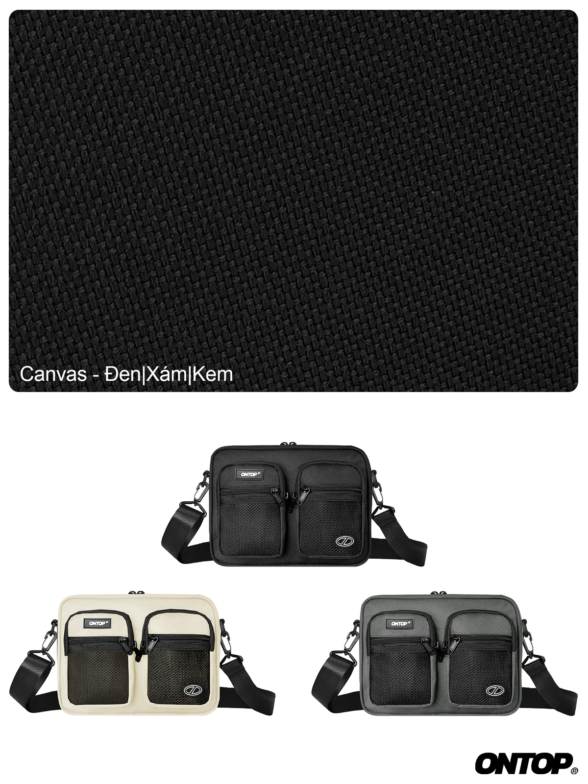 Túi đeo chéo nhiều ngăn phối lưới ONTOP vải canvas màu đen, xám, kem đựng vừa khổ A5 Mesh Double Pocket | O-B60