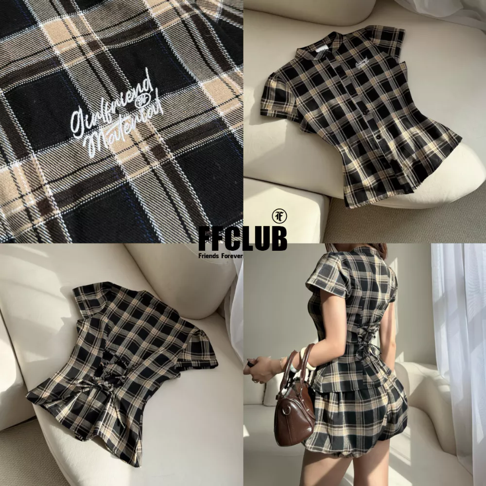 [XÃ KHO] Áo sơ mi Caro chiết eo ôm tôn dáng đằng sau Thêu GIRL FRIEND FFCLUB