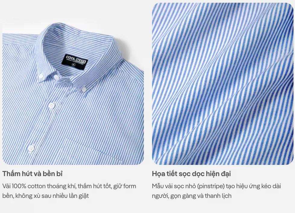 [TẶNG QUẦN 99K]Áo Sơ Mi nam Casual Kẻ sọc 100% cotton dáng Regular thoải mái, Áo đi làm đi chơi dạo phố Coolmate
