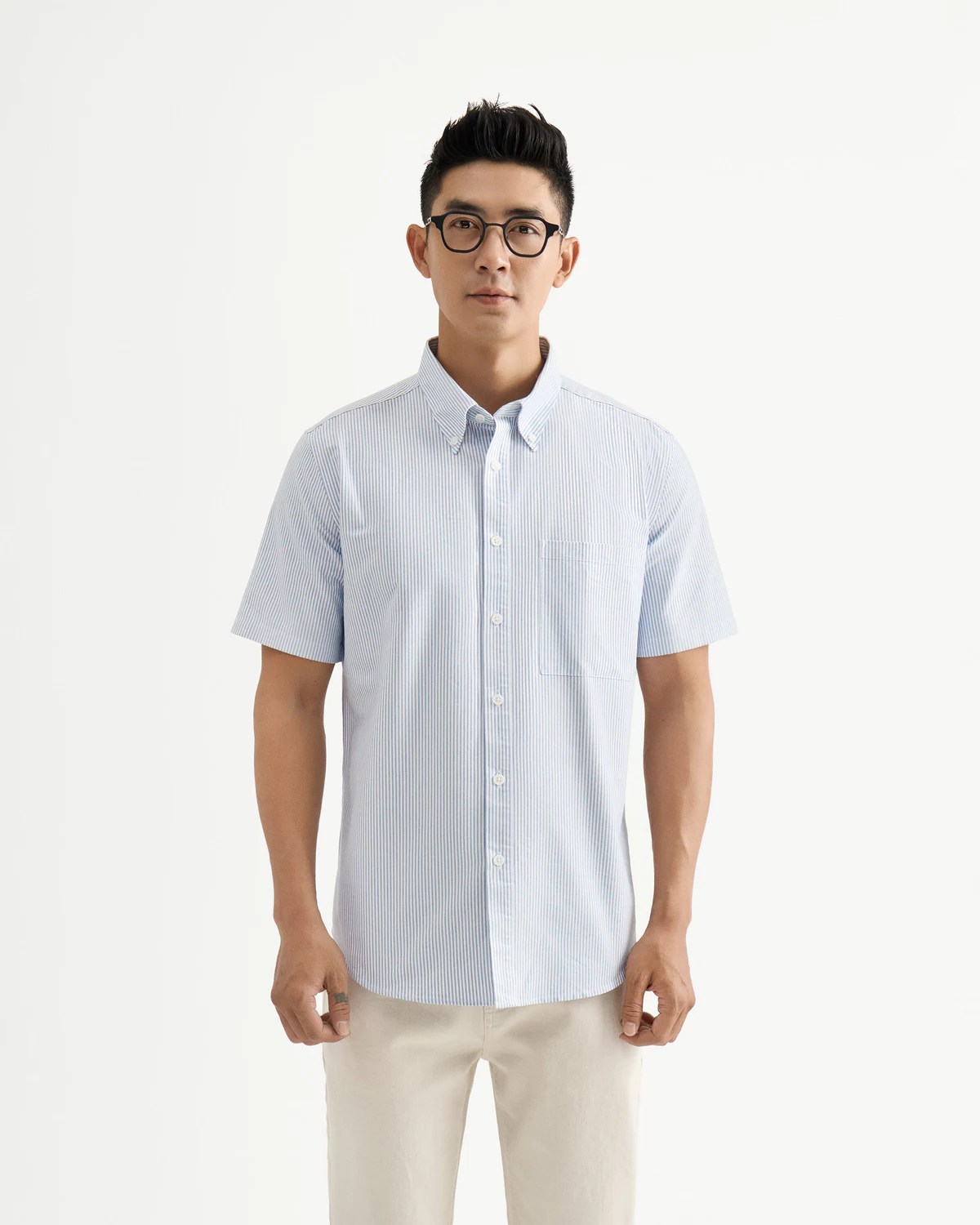 [UP TO 20%++] Áo Sơ Mi Nam Tay Ngắn Vải Cotton Họa Tiết Sọc Dọc Form Fitted - Routine 10S25SHS021