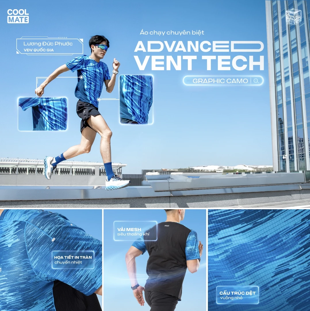 Set đồ chạy bộ thể thao Áo thun chạy bộ Advanced Vent Tech + Quần short Maxcool Coolmate
