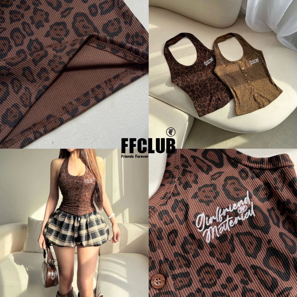 Áo Croptop Cổ Kiểu Yếm Cài nút Ôm Họa tiết Da beo FFCLUB