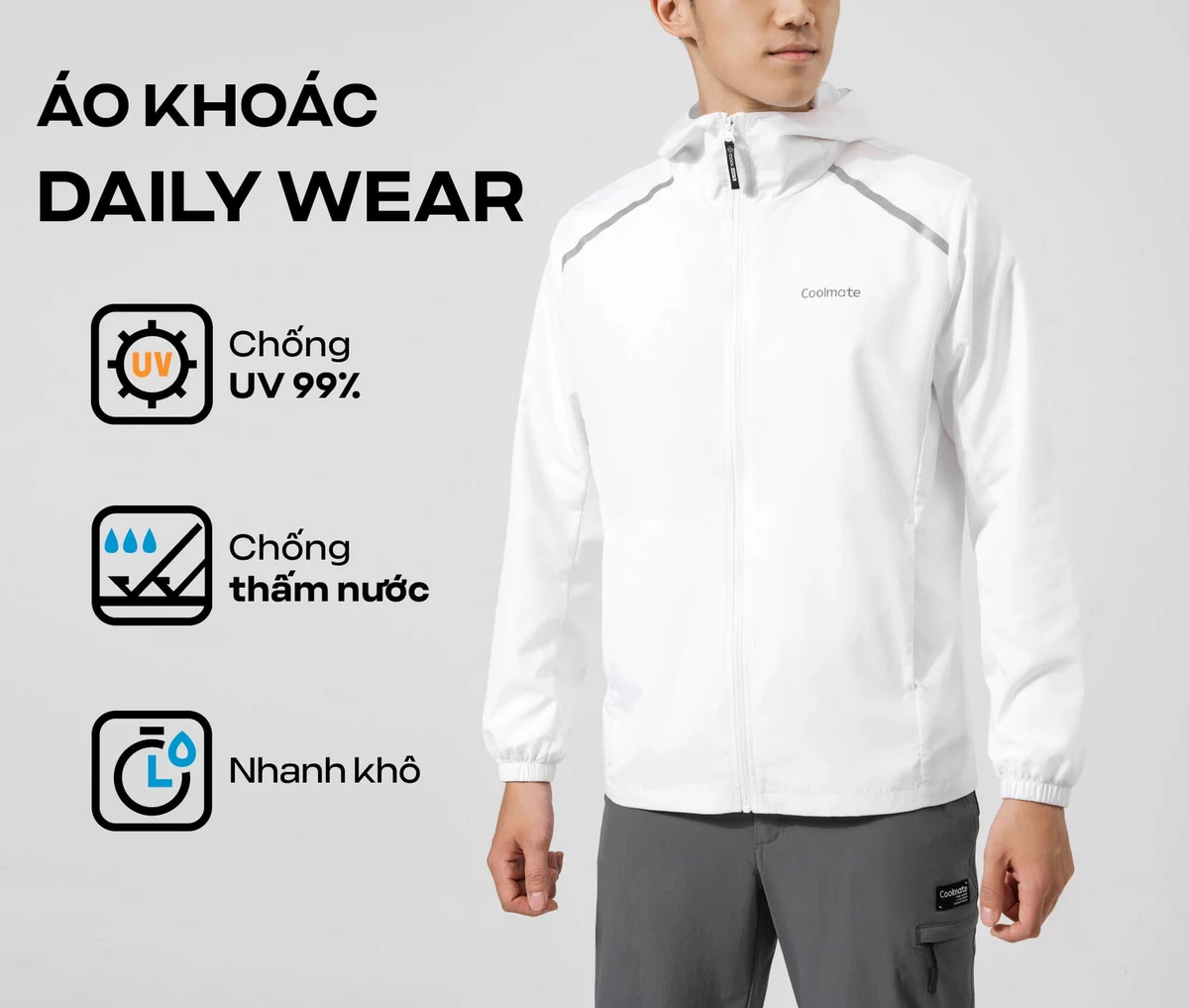 Áo khoác Daily Wear trượt nước chống UV, áo khoác bốn mùa siêu nhẹ có mũ đa năng mặc hàng ngày leo núi trekking Coolmate