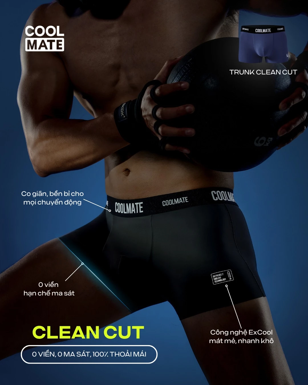 Combo 2 quần lót Trunk Excool Clean Cut co giãn siêu thấm hút Coolmate