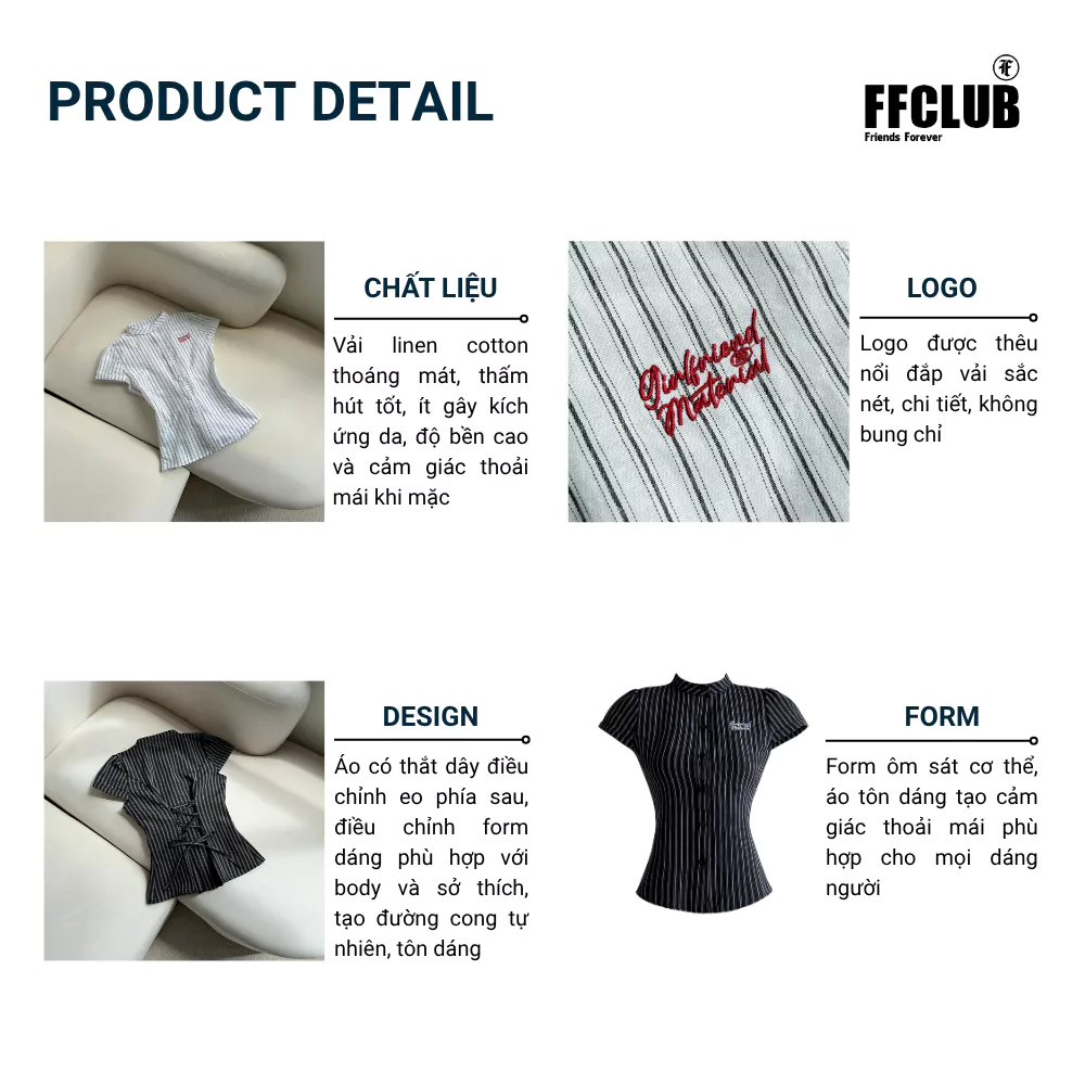 ÁO SƠ MI LINEN LOGO THÊU GIRL FRIEND CÓ DÂY THẮT EO PHÍA SAU KẺ SỌC FFCLUB MIX