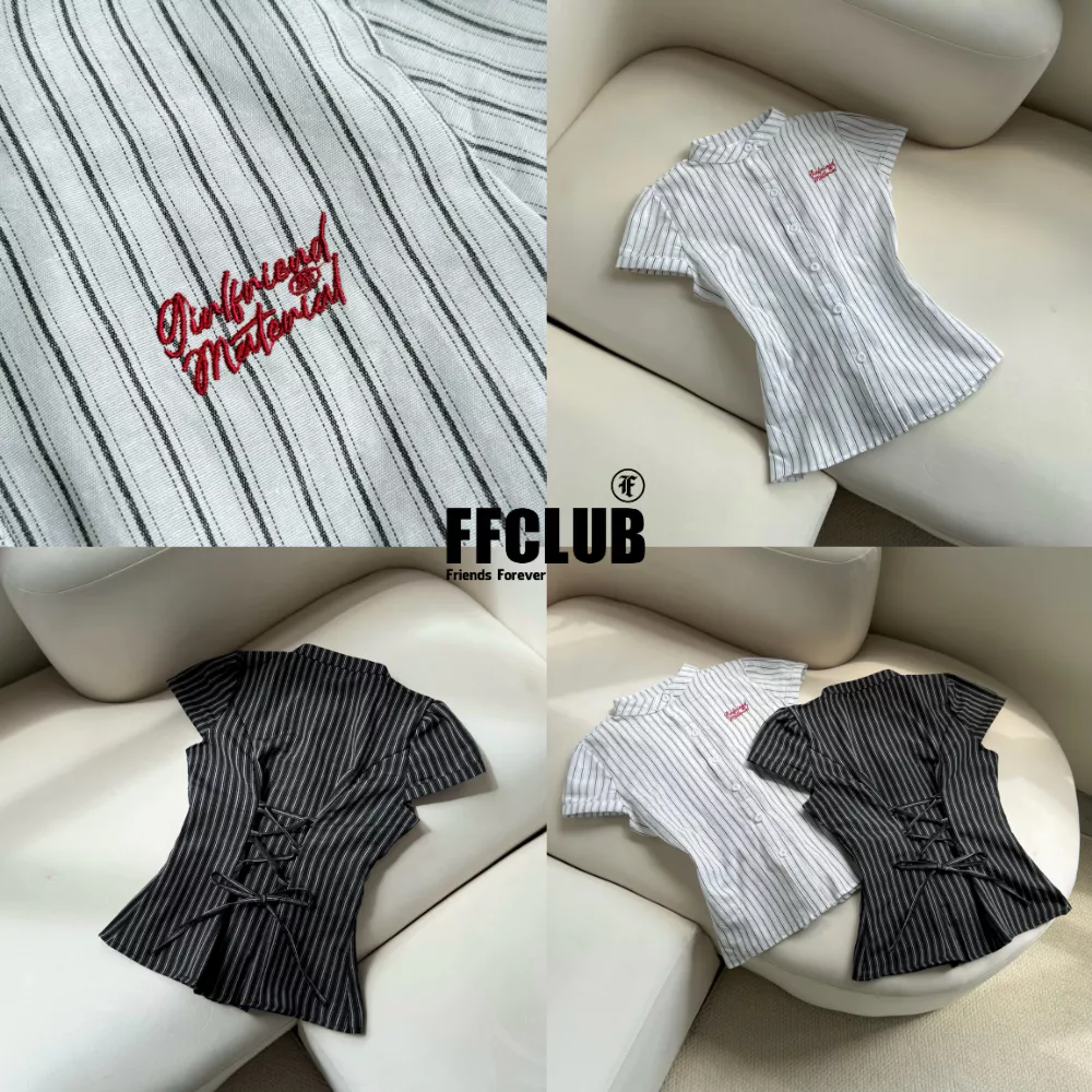 ÁO SƠ MI LINEN LOGO THÊU GIRL FRIEND CÓ DÂY THẮT EO PHÍA SAU KẺ SỌC FFCLUB MIX