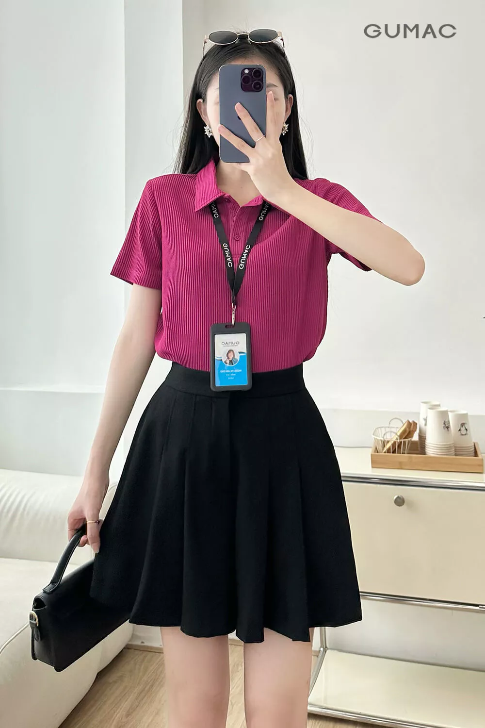 Áo polo nữ GUMAC tay ngắn nẹp cổ gài 3 nút cùng màu áo PLE11074