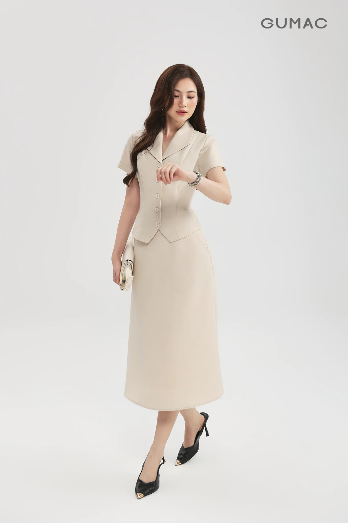 Set lẻ Áo nữ GUMAC peplum cổ sam tôn dáng LAG0106 - Chân váy nữ dáng A LVG0105 - LVG0114